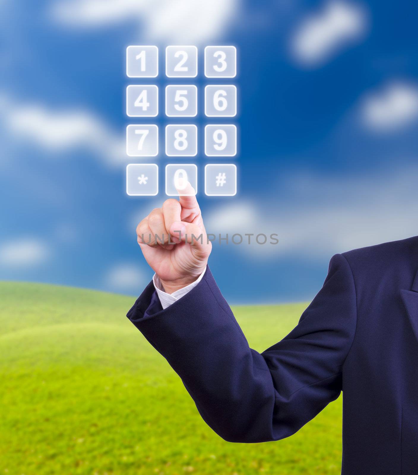 business man hand pressing transparent telephone buttons by tungphoto