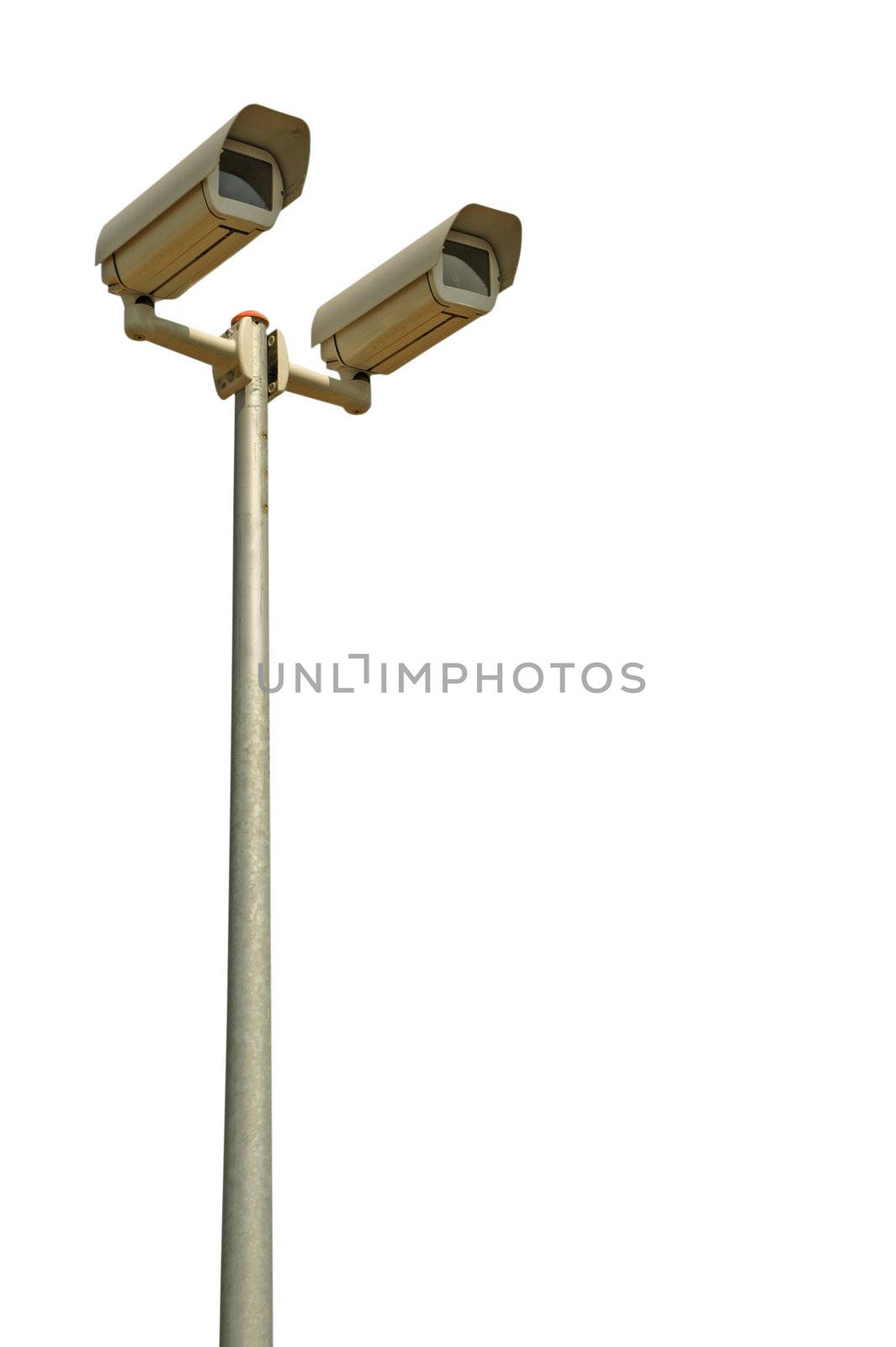 two video surveillance cameras on a pole (isolated on white background)