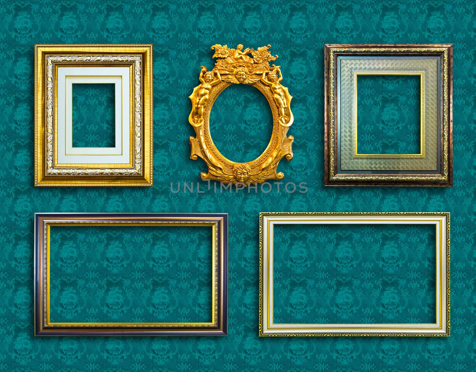 frame of golden wood  on blue wallpaper by tungphoto