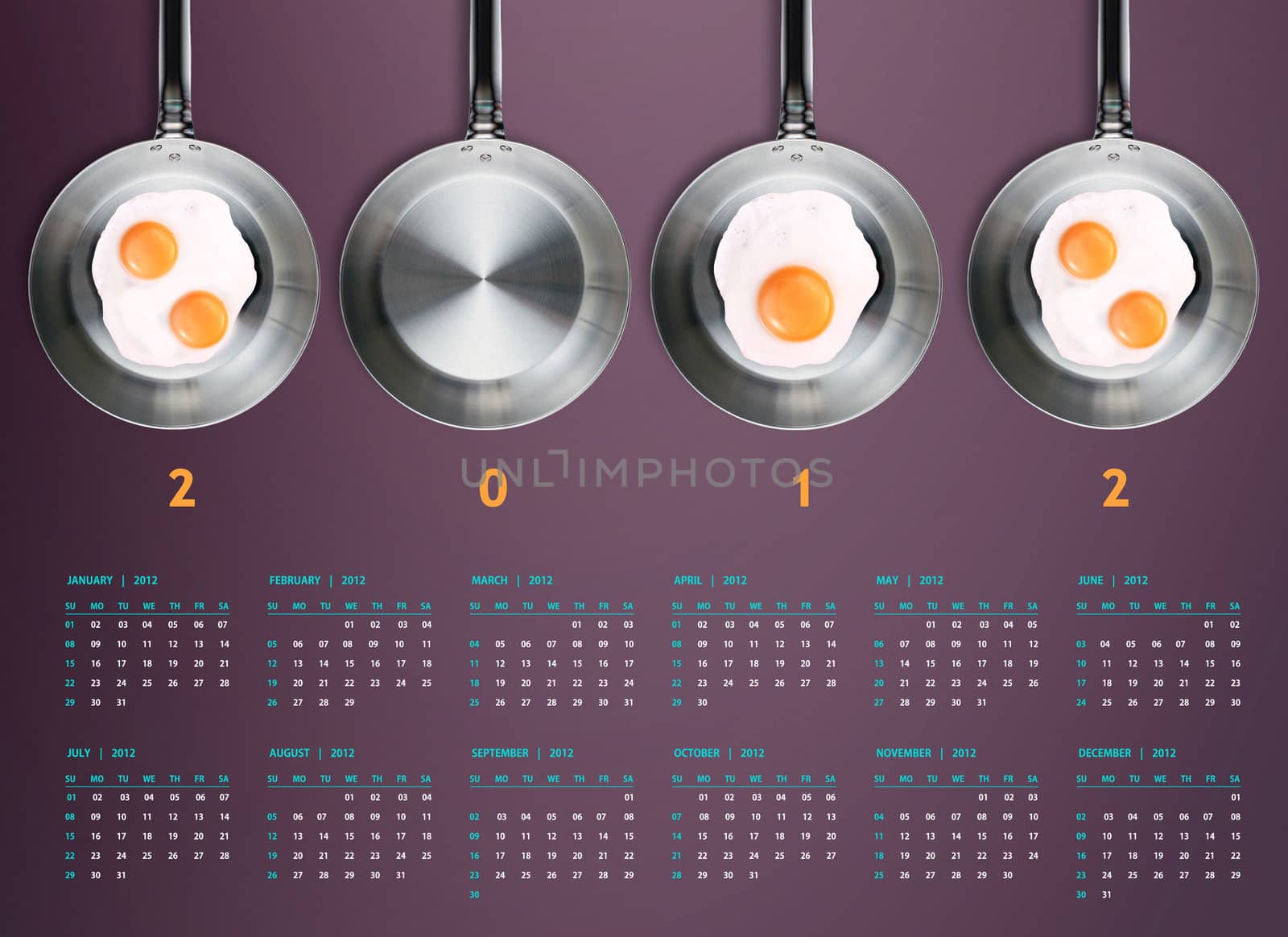 New year 2012 Calendar with conceptual image of Fried eggs in a frying pans creating 2012 year number.