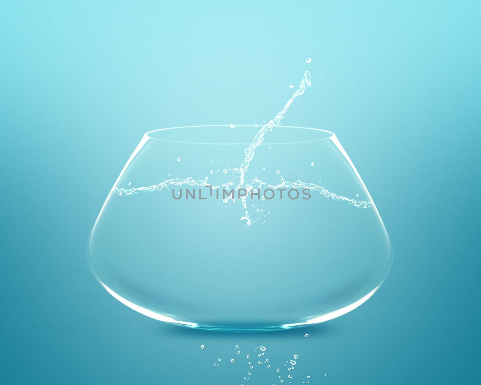 Empty fishbowl with water in front of blue background.