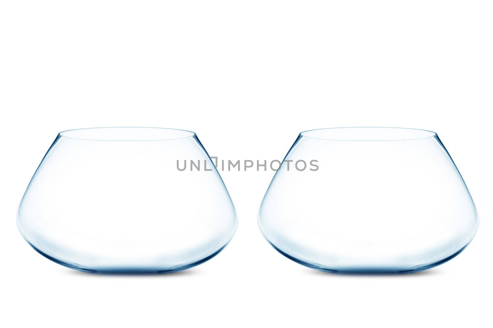 isolated Empty Two fishbowls without water in front of white background.