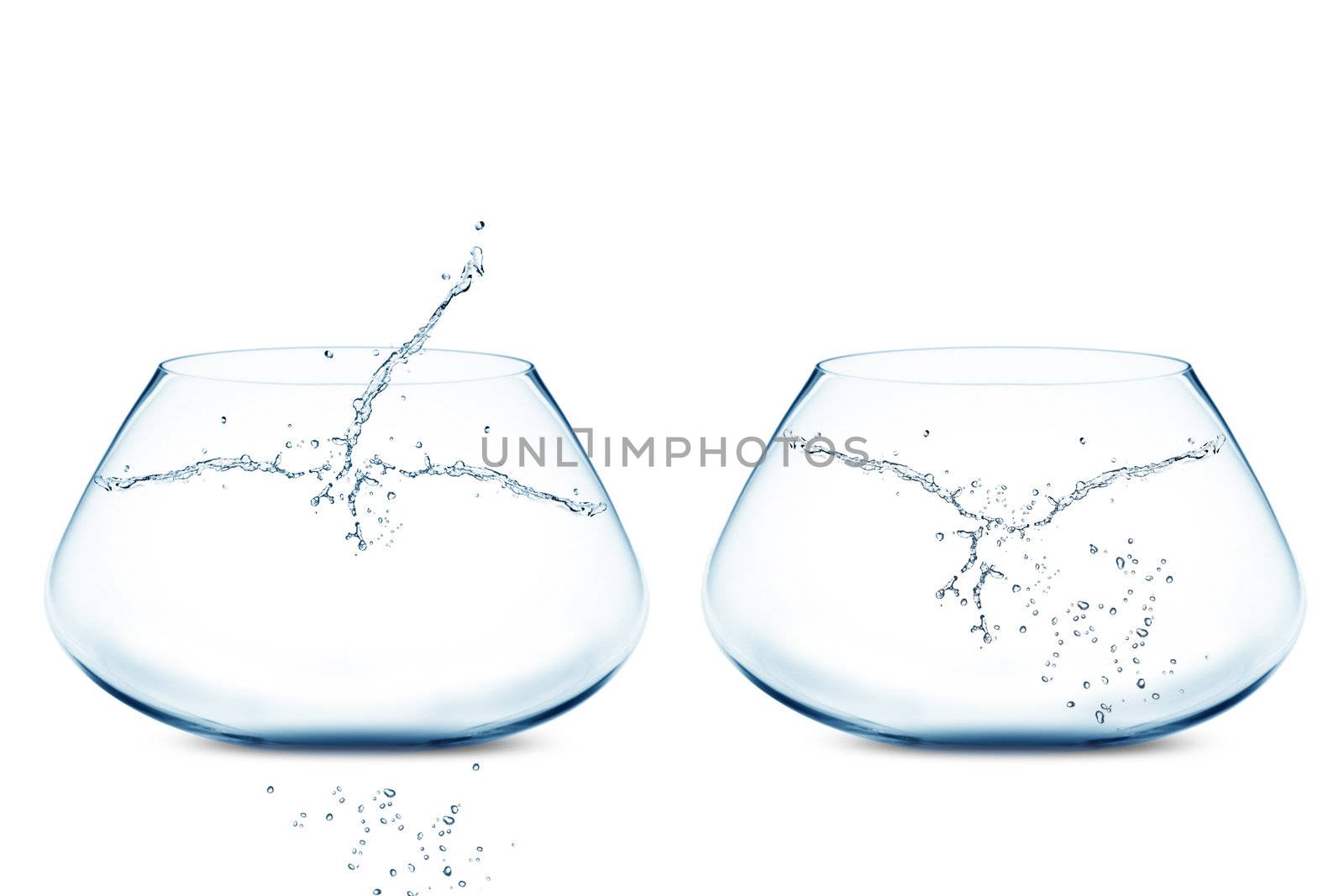 isolated Empty Two fishbowls with water in front of white background.