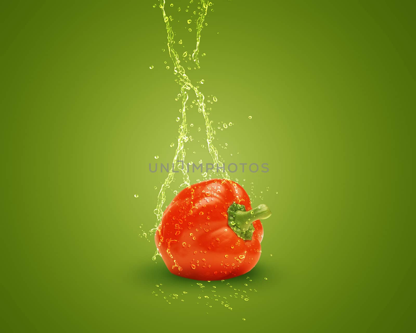 Fresh red bell pepper with water splashes on green background.