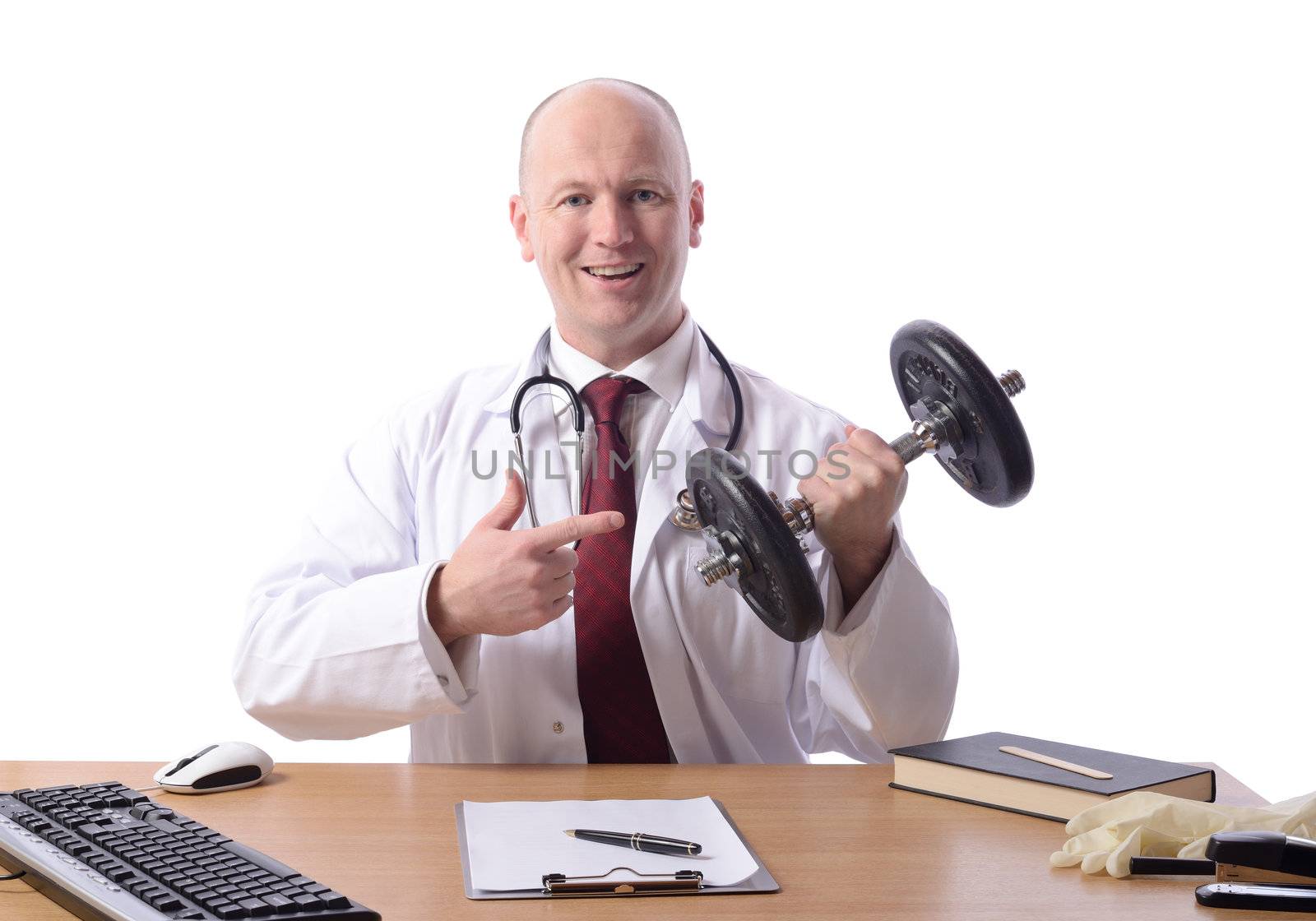 doctor sat at desk points to a weight prescribing exercise isolated on white