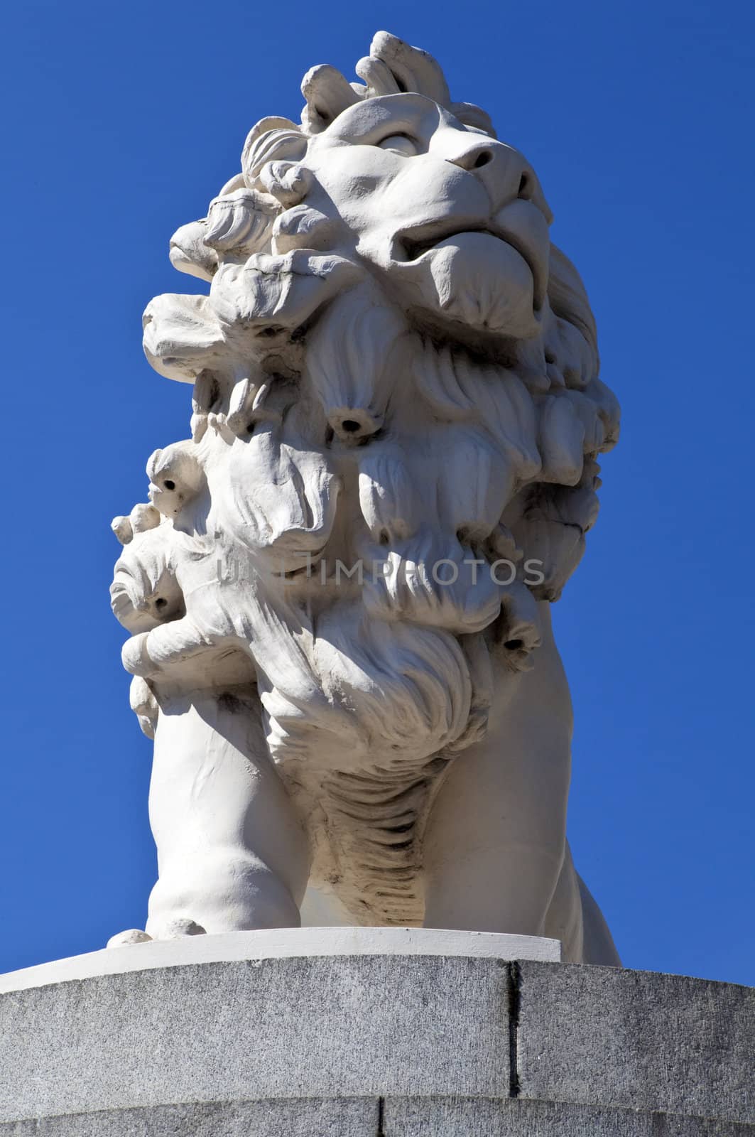 A statue of a Lion made from Coade Stone located on one end of Westminster Bridge in London.