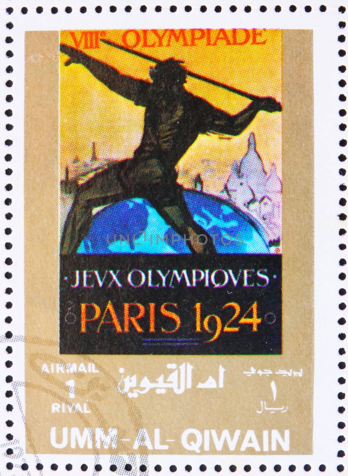 UMM AL-QUWAIN - CIRCA 1972: a stamp printed in the Umm al-Quwain shows Paris 1924, France, Olympic Games of the past, circa 1972