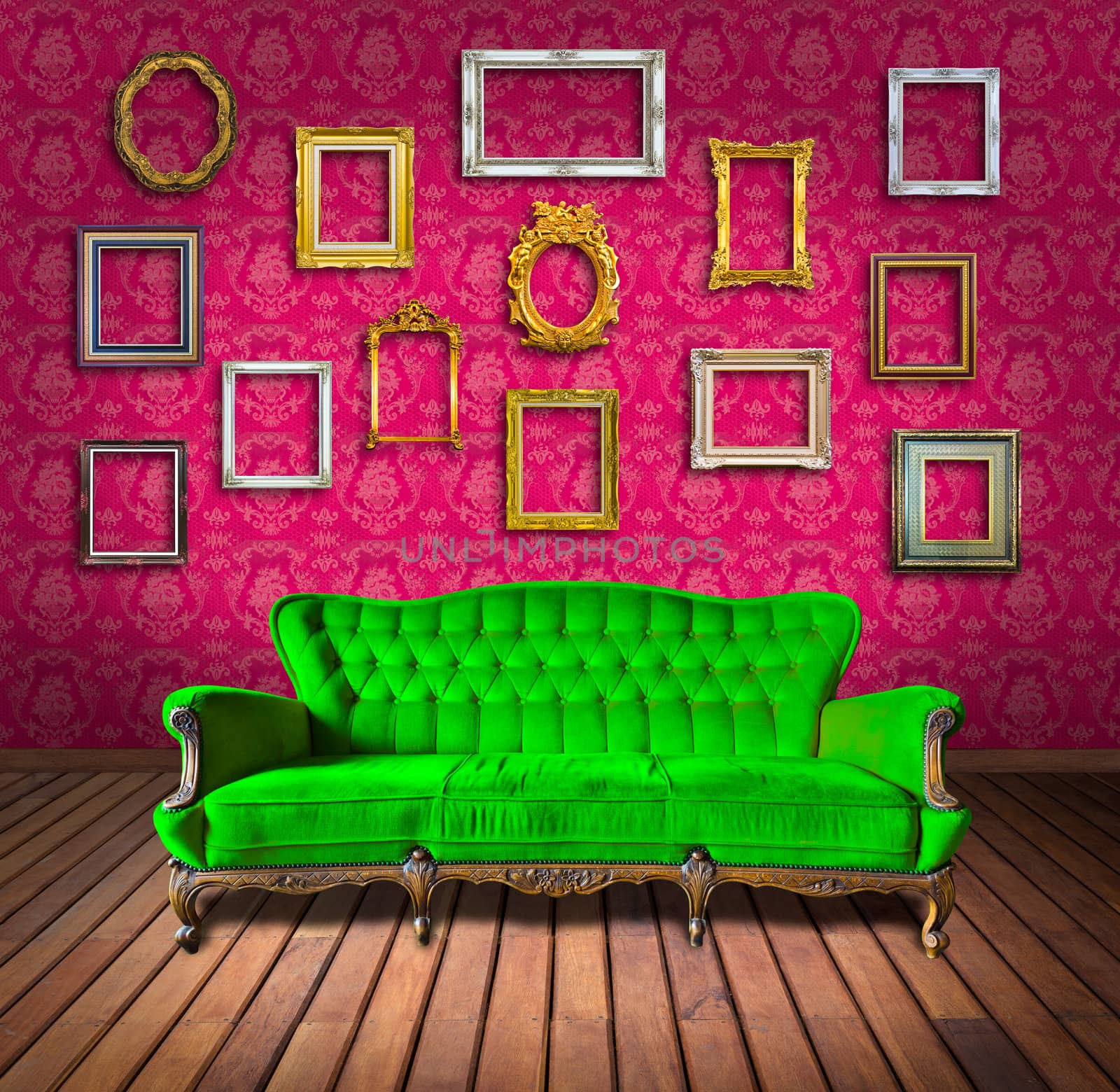 vintage luxury armchair and frame in pink wallpaper room