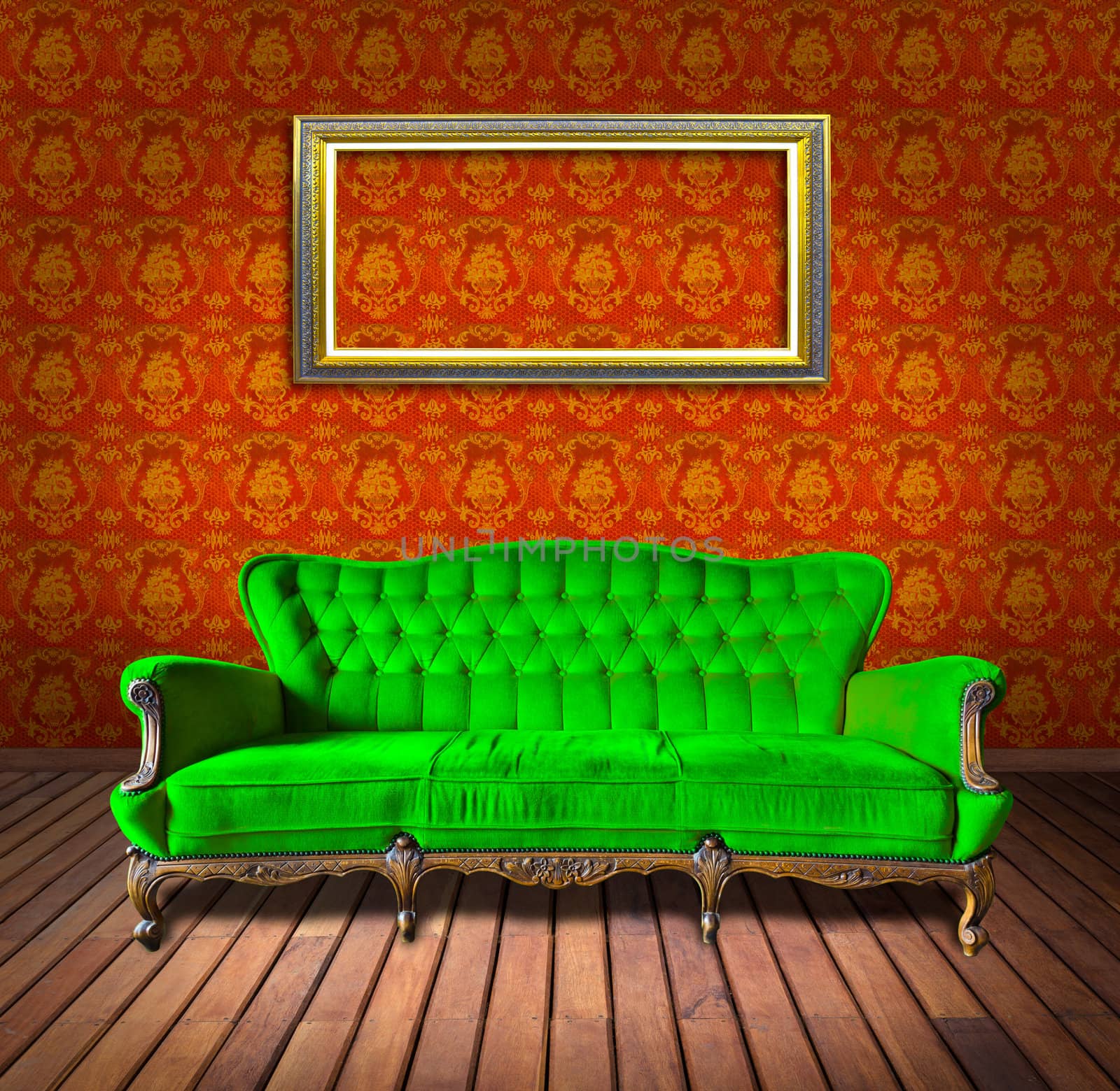 vintage luxury armchair and frame in orange wallpaper room