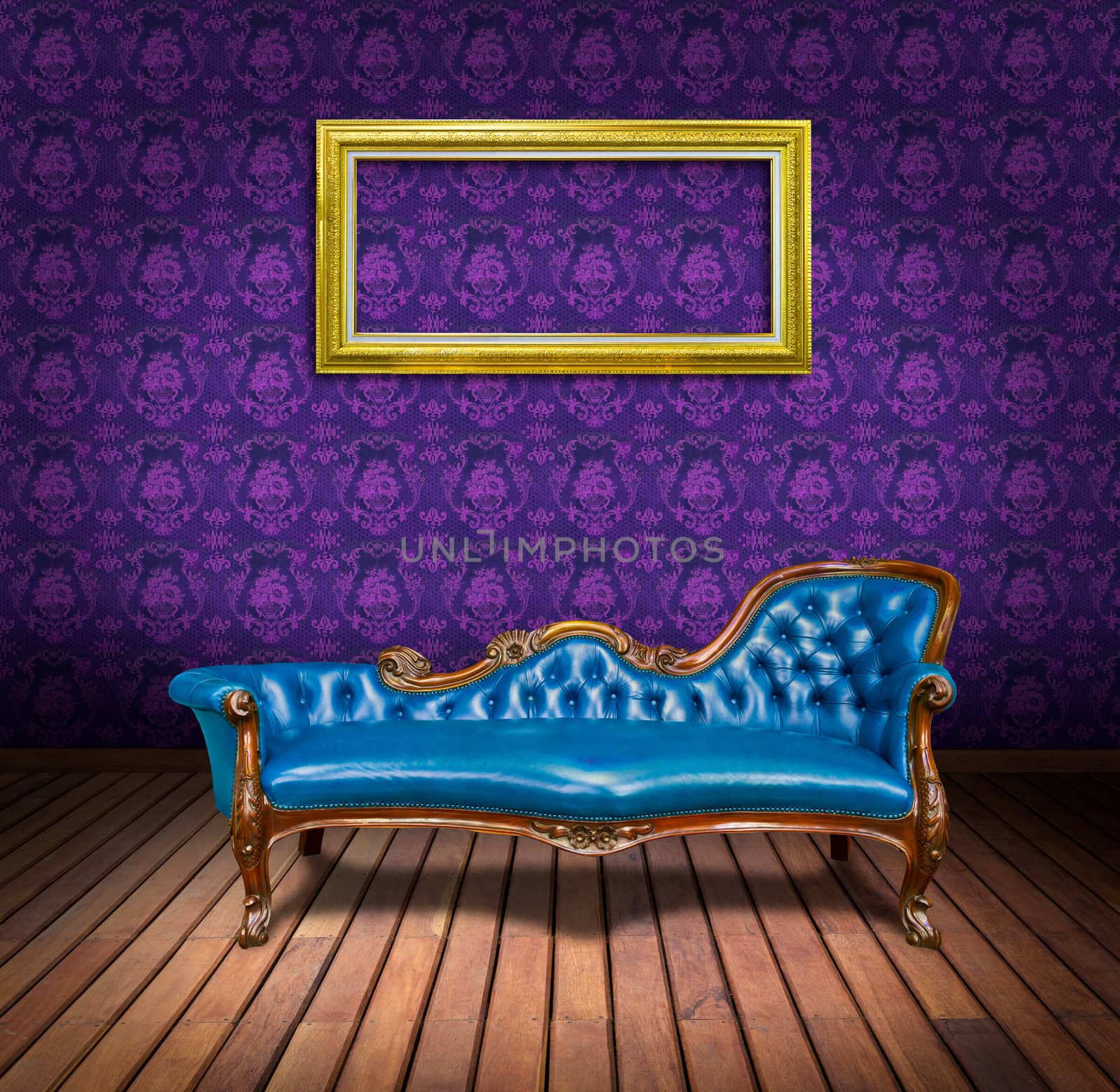 vintage luxury armchair and frame in purple wallpaper room