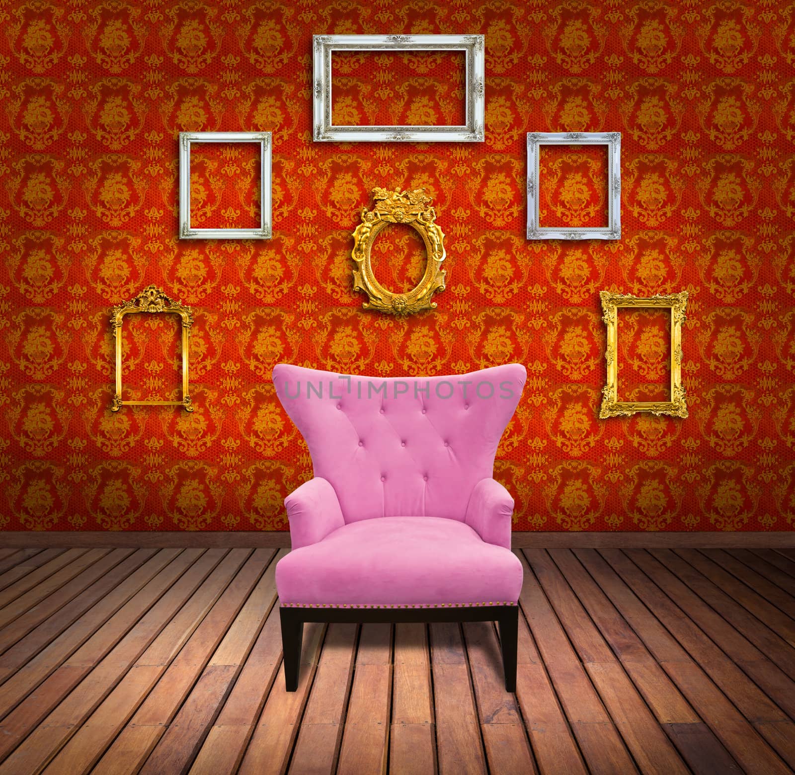 Sofa and frame in yellow wallpaper room