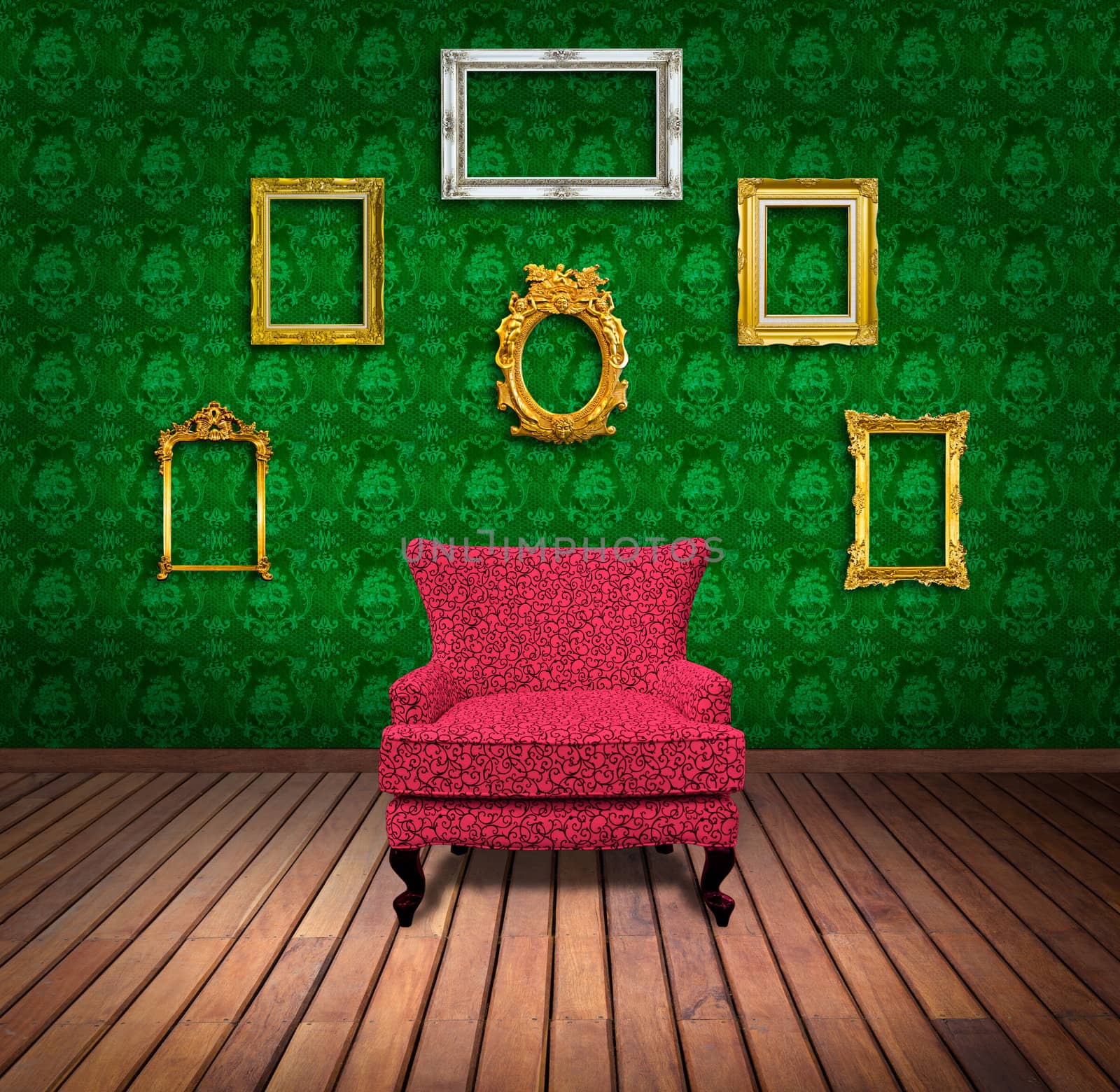Sofa and frame in green wallpaper room by tungphoto