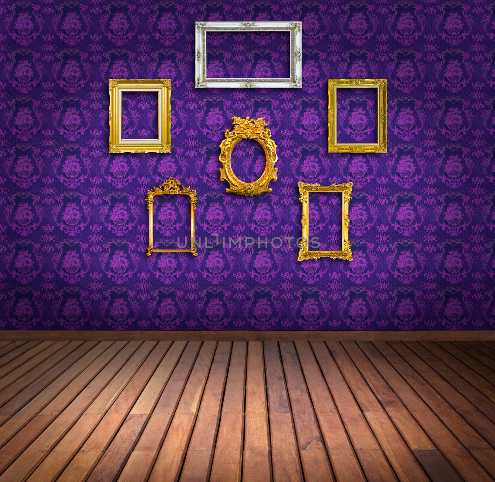 vintage frame in purple wallpaper room by tungphoto