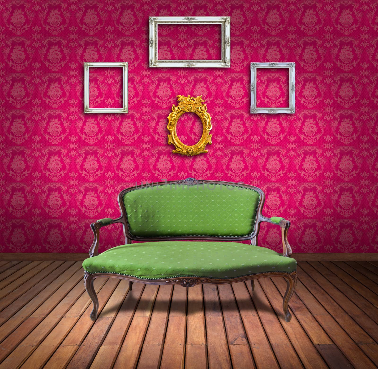vintage luxury armchair and frame in pink wallpaper room by tungphoto