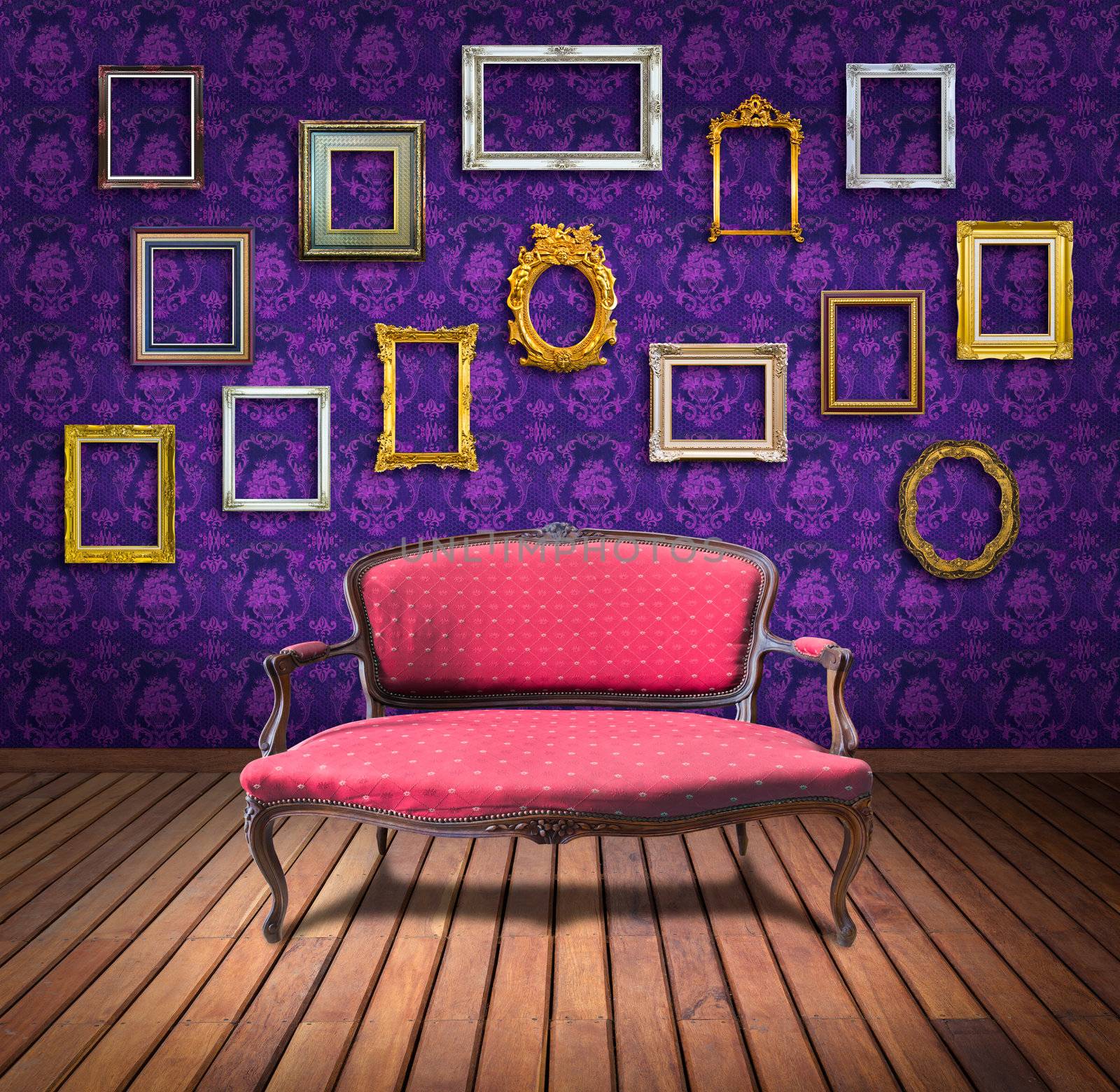 vintage luxury armchair and frame in purple wallpaper room by tungphoto