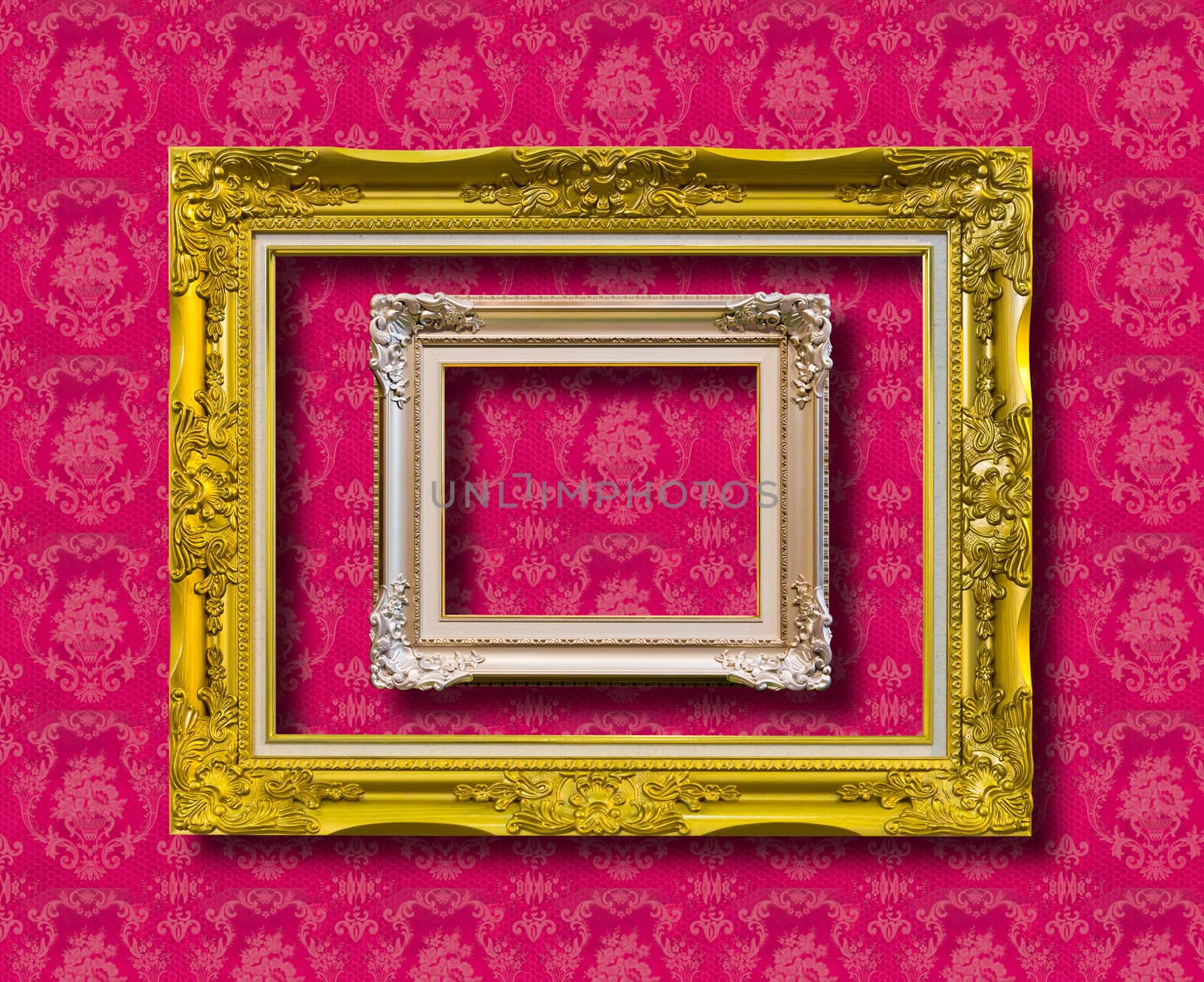 frame of golden wood on pink wallpaper with clipping path by tungphoto