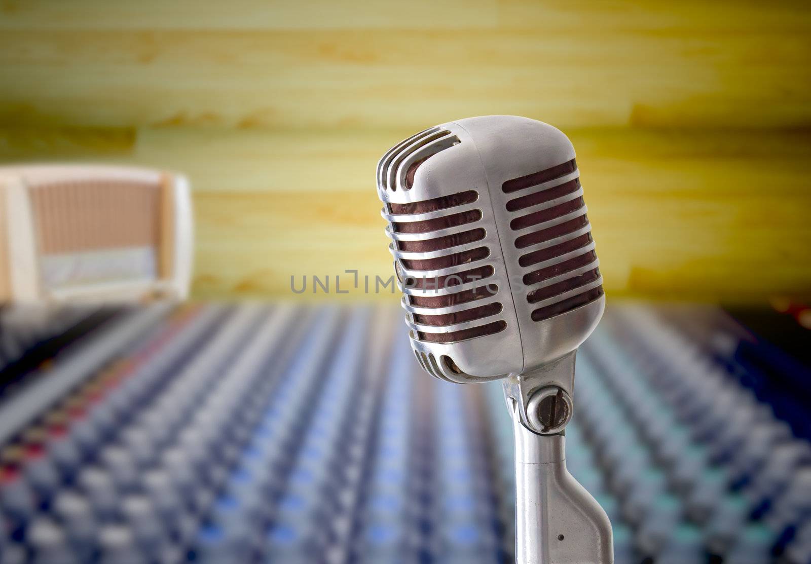 vintage microphone in sound record room by tungphoto