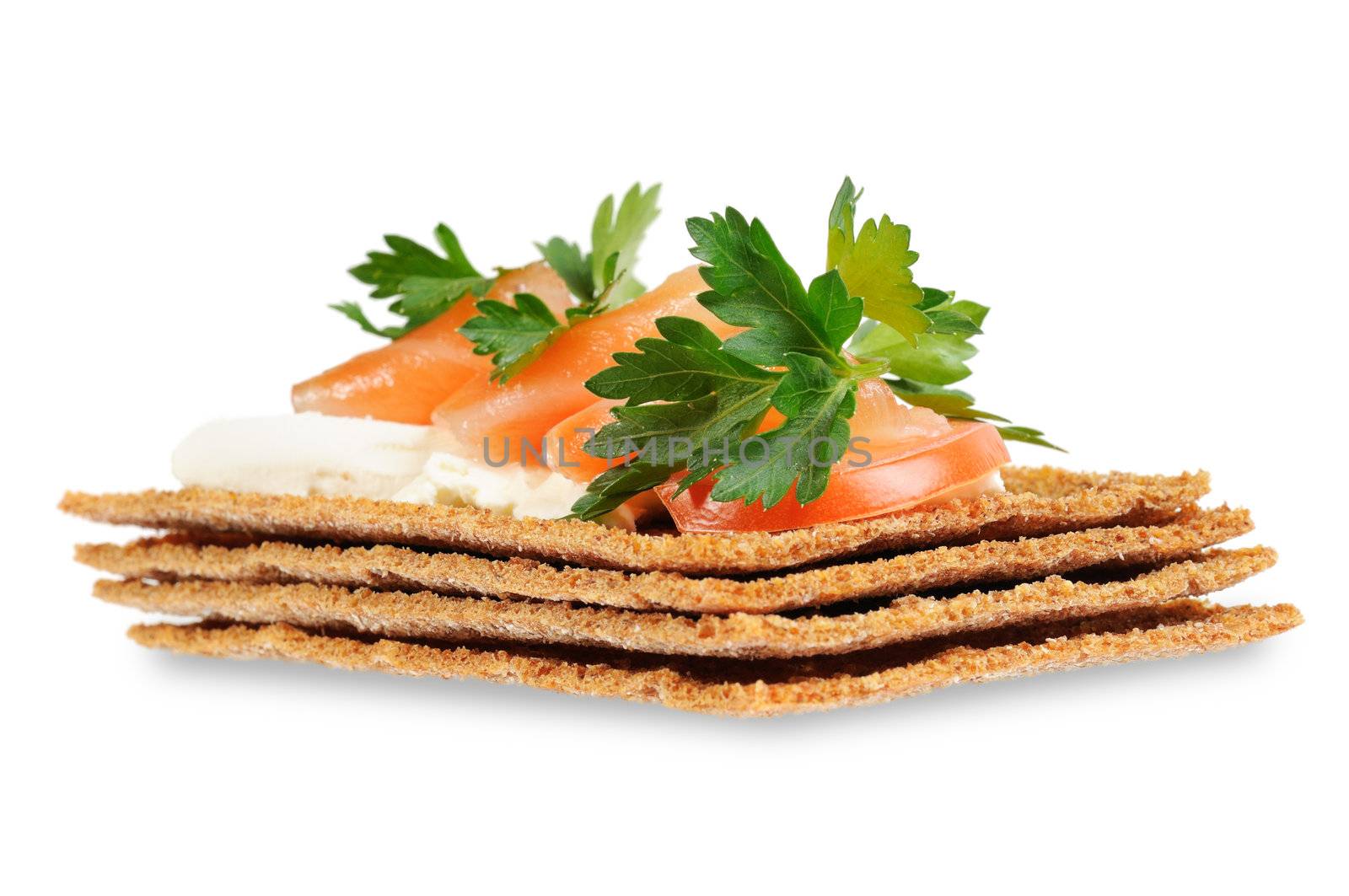 Snack. Bread with feta cheese and salmon. Isolated on white.