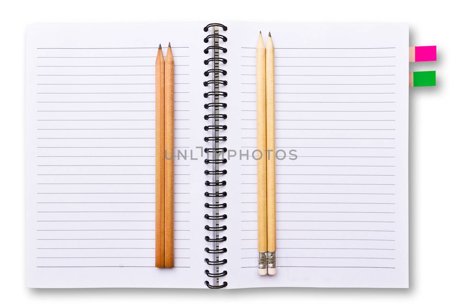 white notebook and pencils isolated by tungphoto