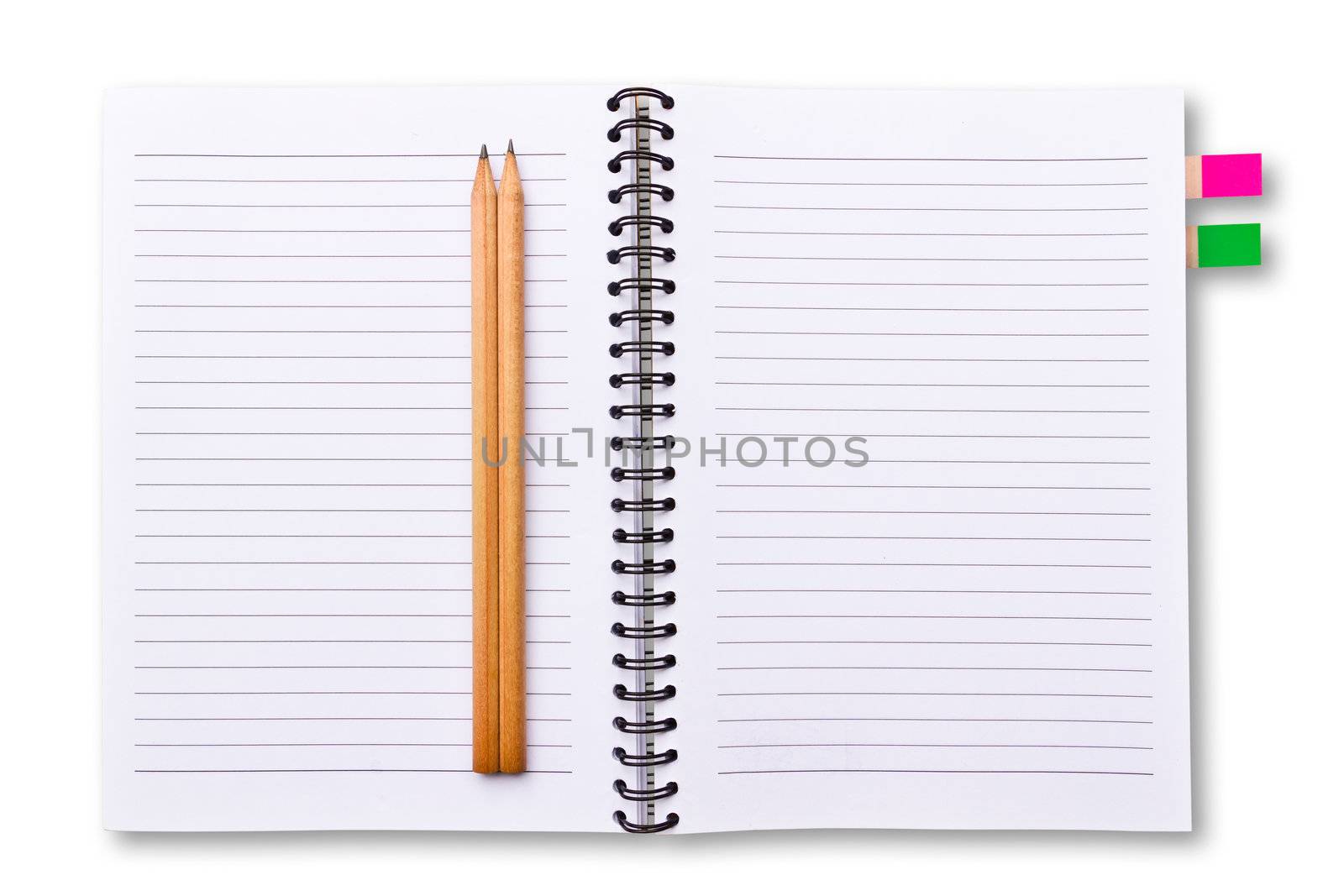white notebook and pencils isolated by tungphoto