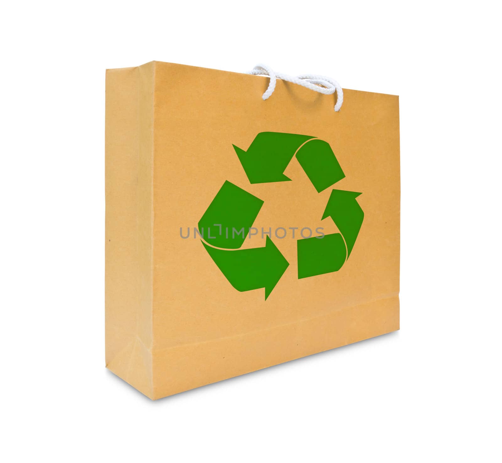 recycle sign on brown paper bag by tungphoto