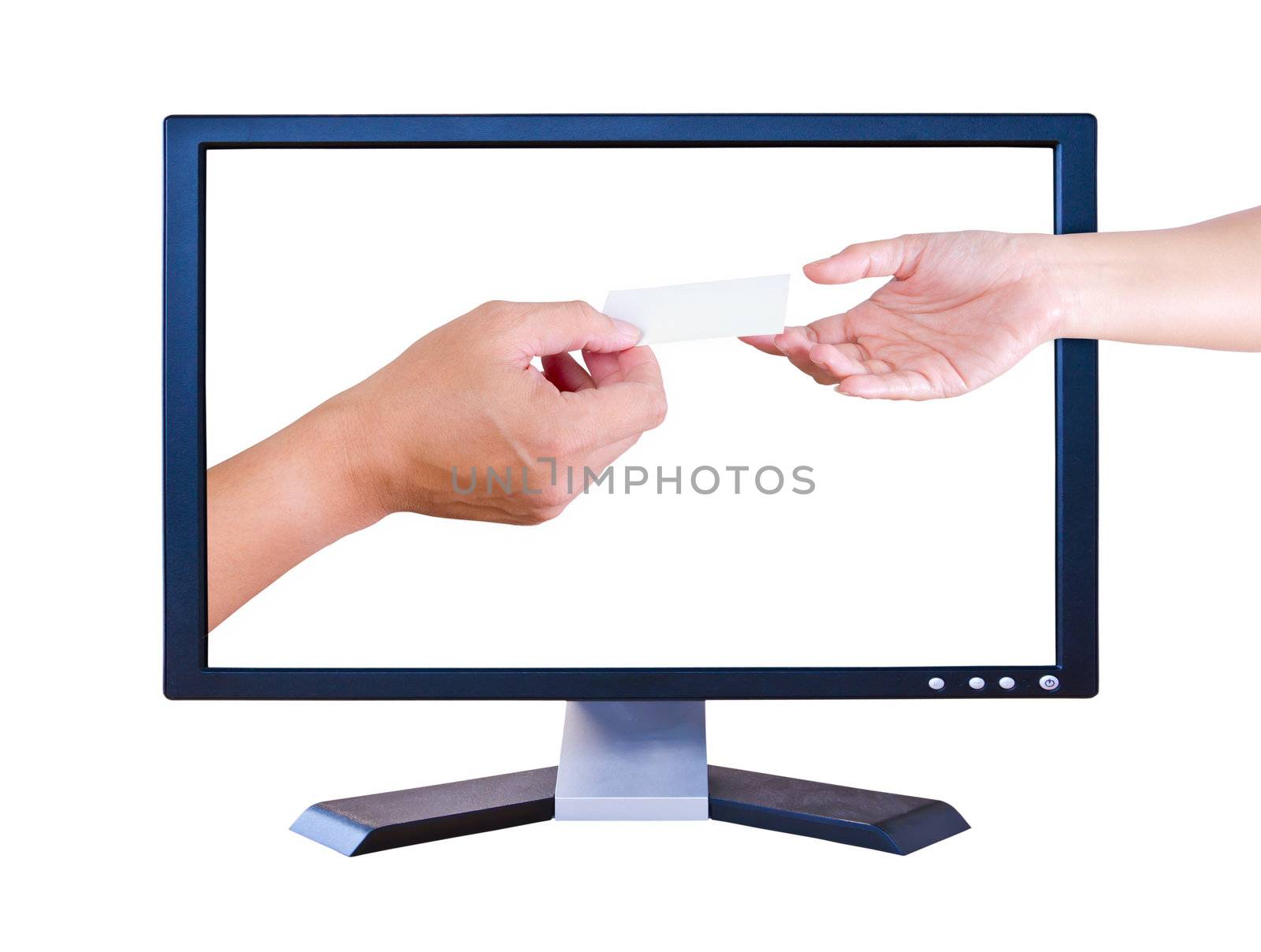 hand inside monitor give name card to hand outside monitor