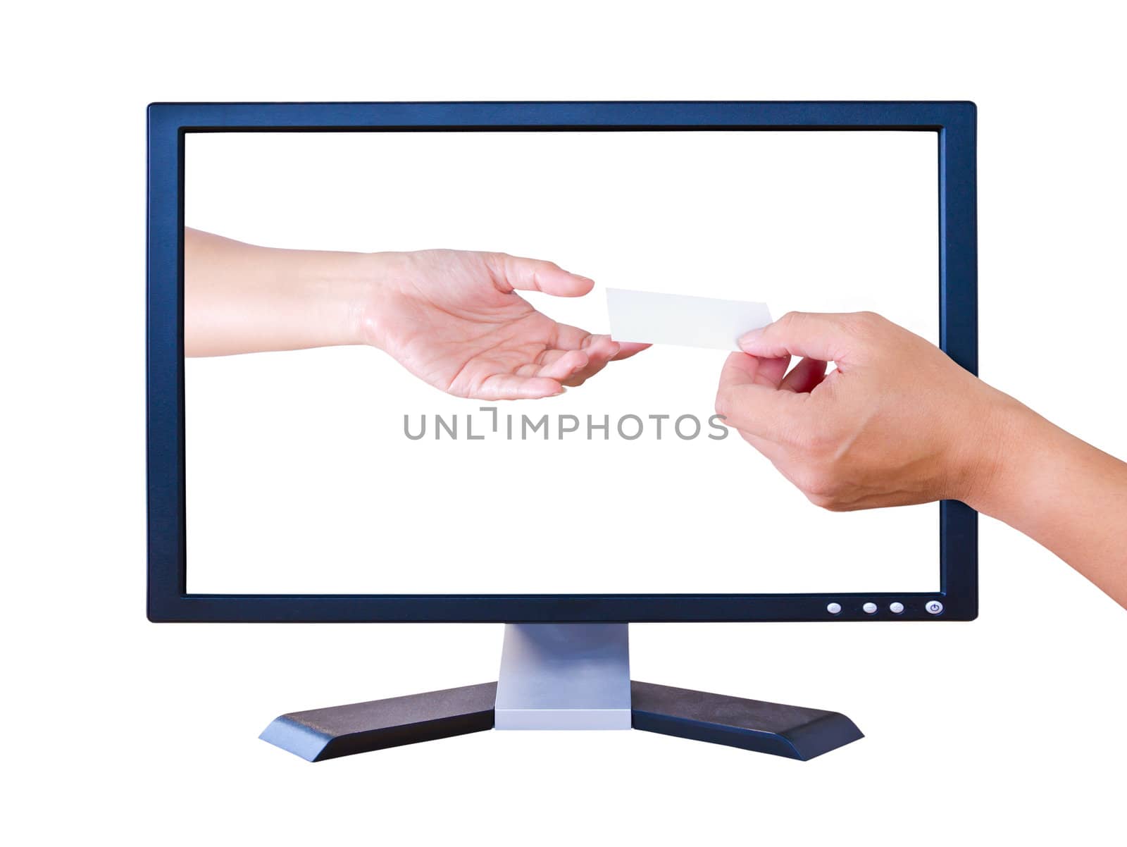 hand outside monitor give name card to hand inside monitor