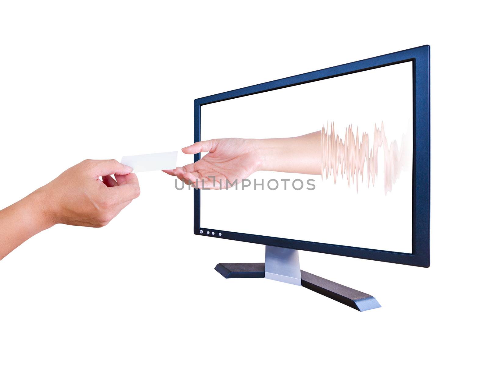 hand outside monitor give name card to hand inside monitor by tungphoto