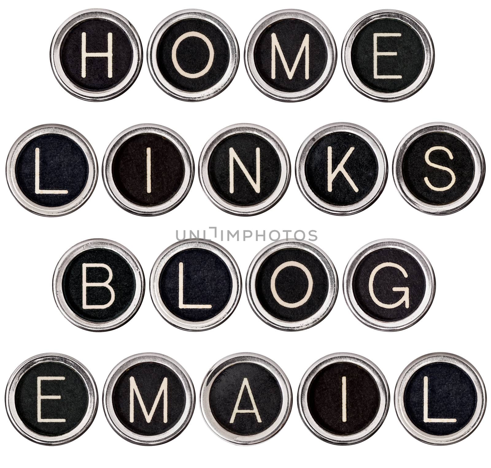 Home, Links, Blog and Email banners formed from vintage typewriter keys. Isolated on white and includes clipping path. Each key photographed separately for best focus.