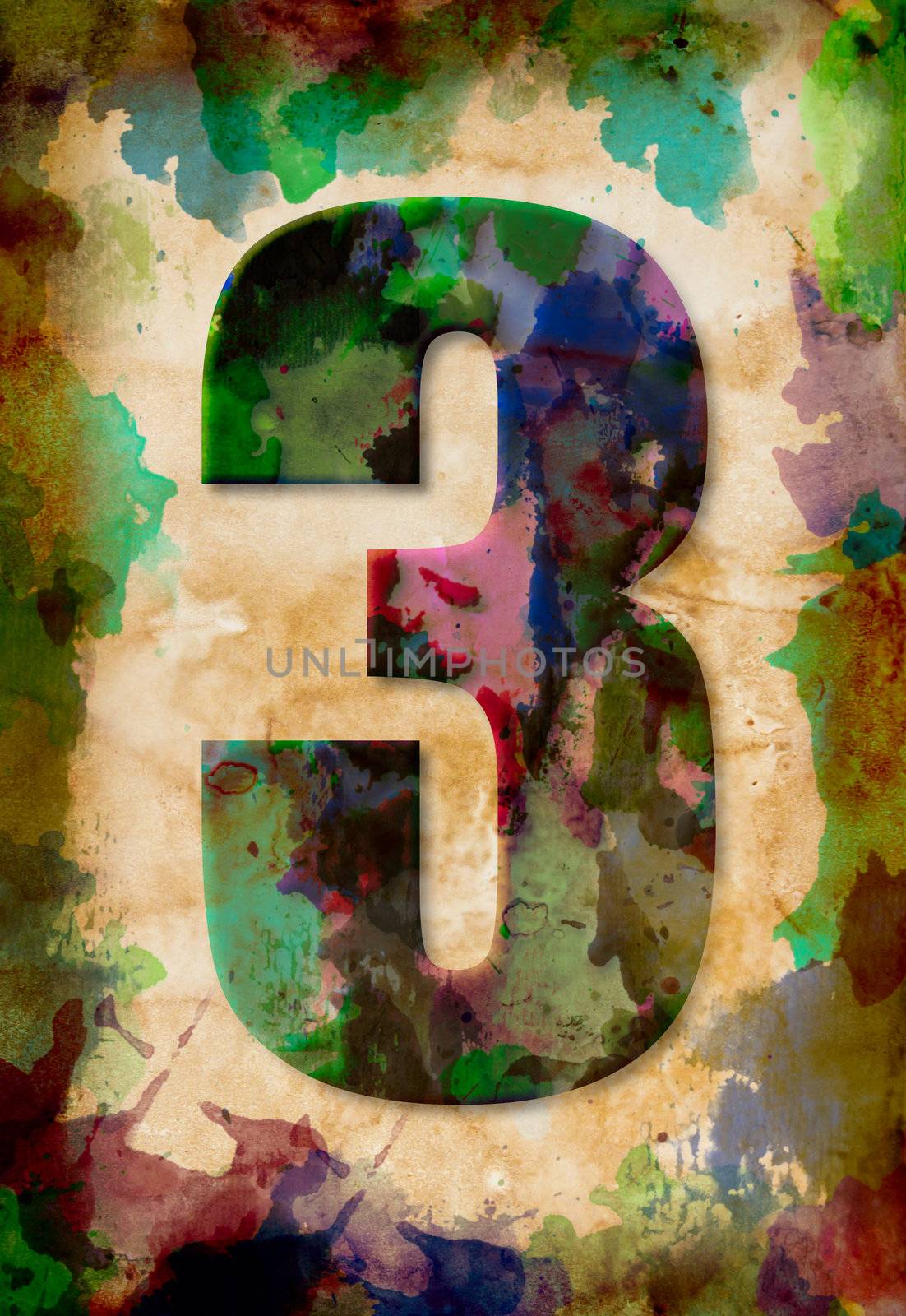 number three watercolor on vintage paper by tungphoto