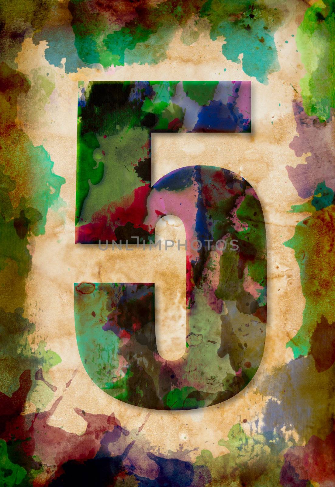 number five watercolor on vintage paper by tungphoto