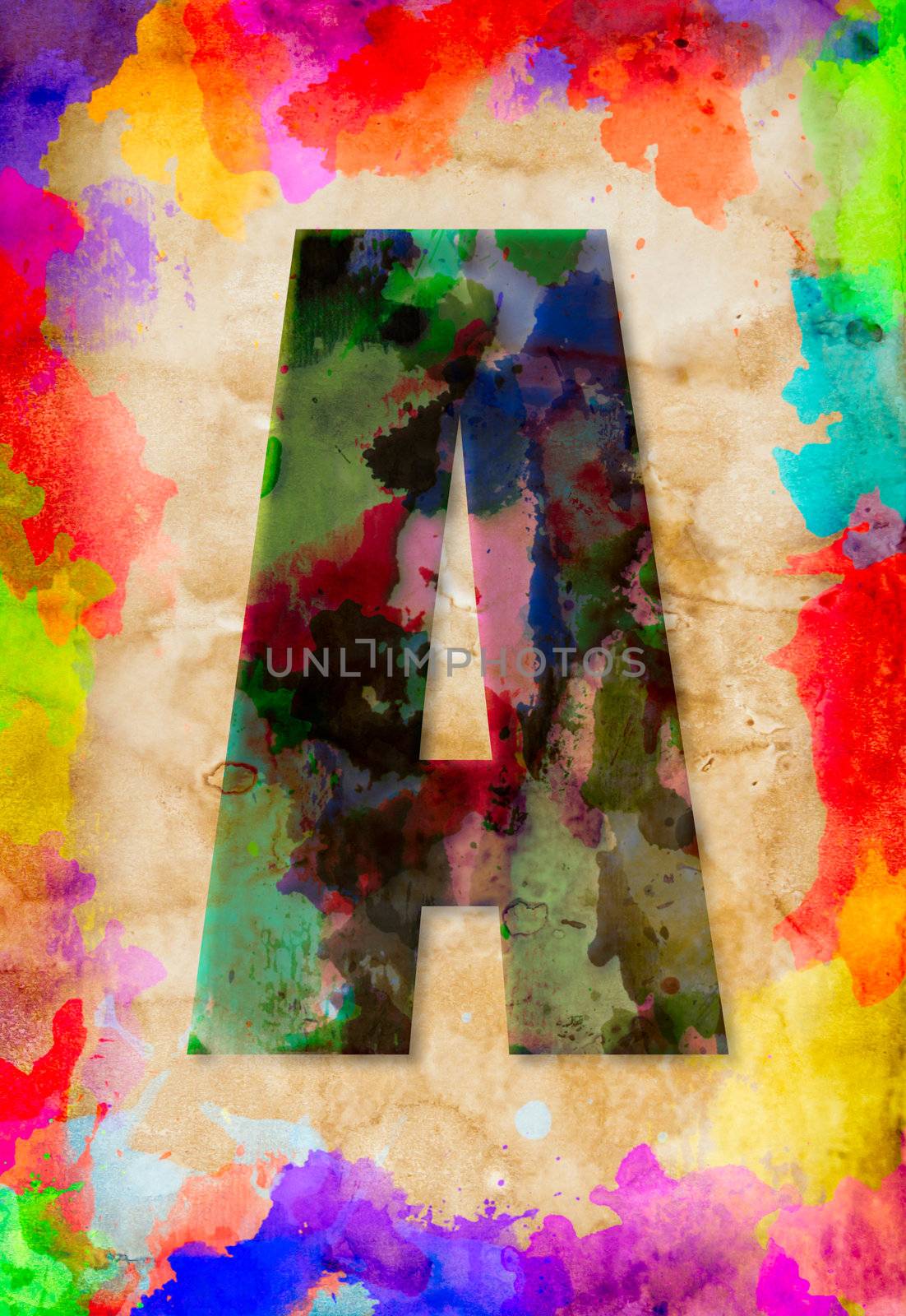 Letter A watercolor on vintage paper by tungphoto