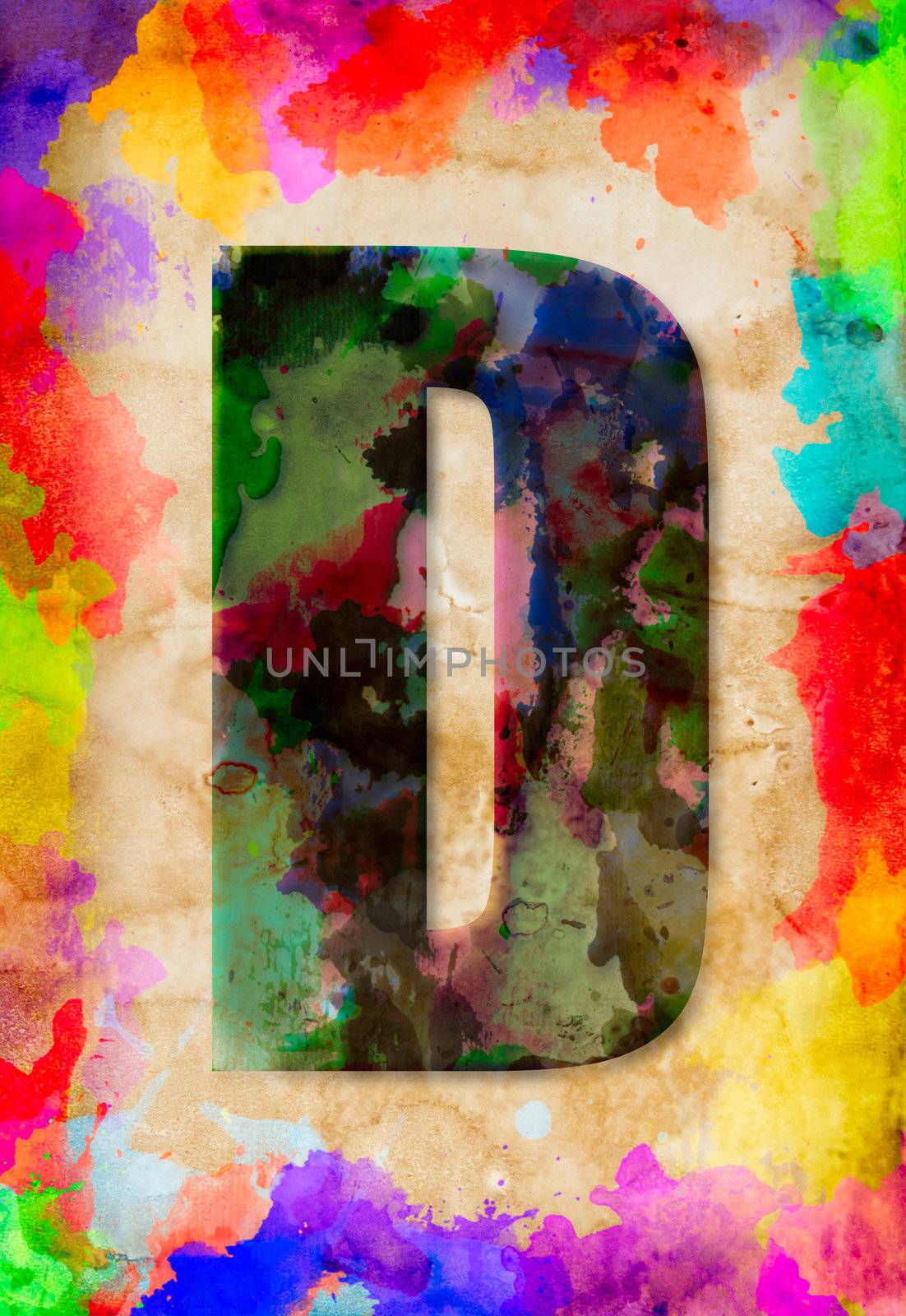 Letter D watercolor on vintage paper by tungphoto