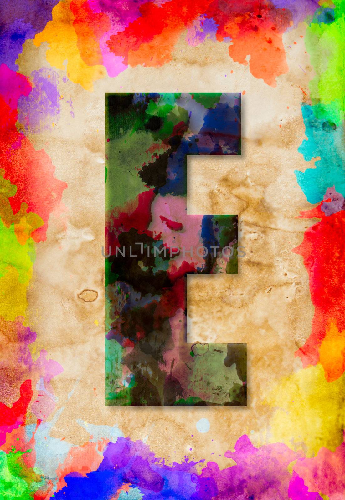 Letter E watercolor on vintage paper by tungphoto