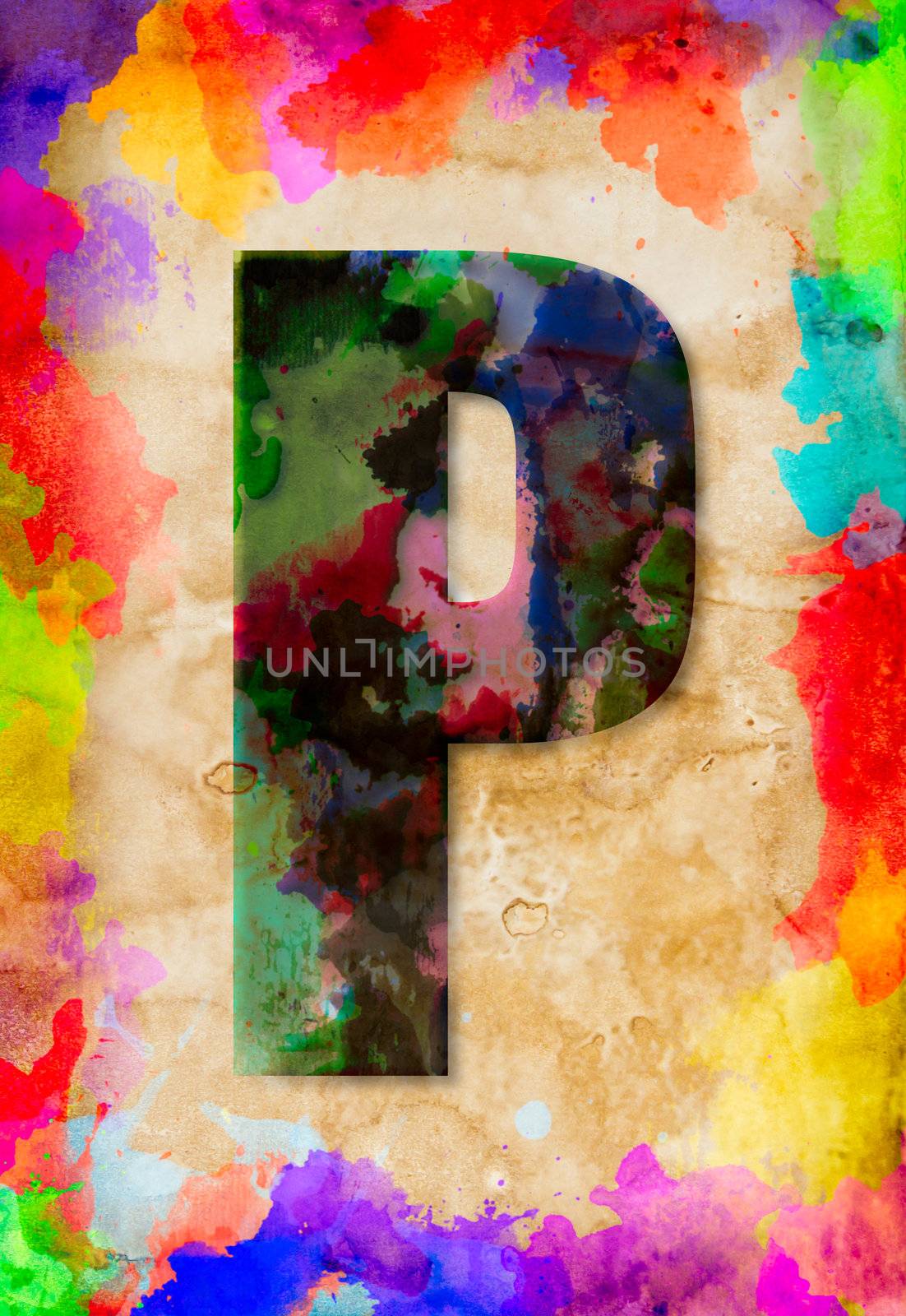 Letter P watercolor on vintage paper by tungphoto