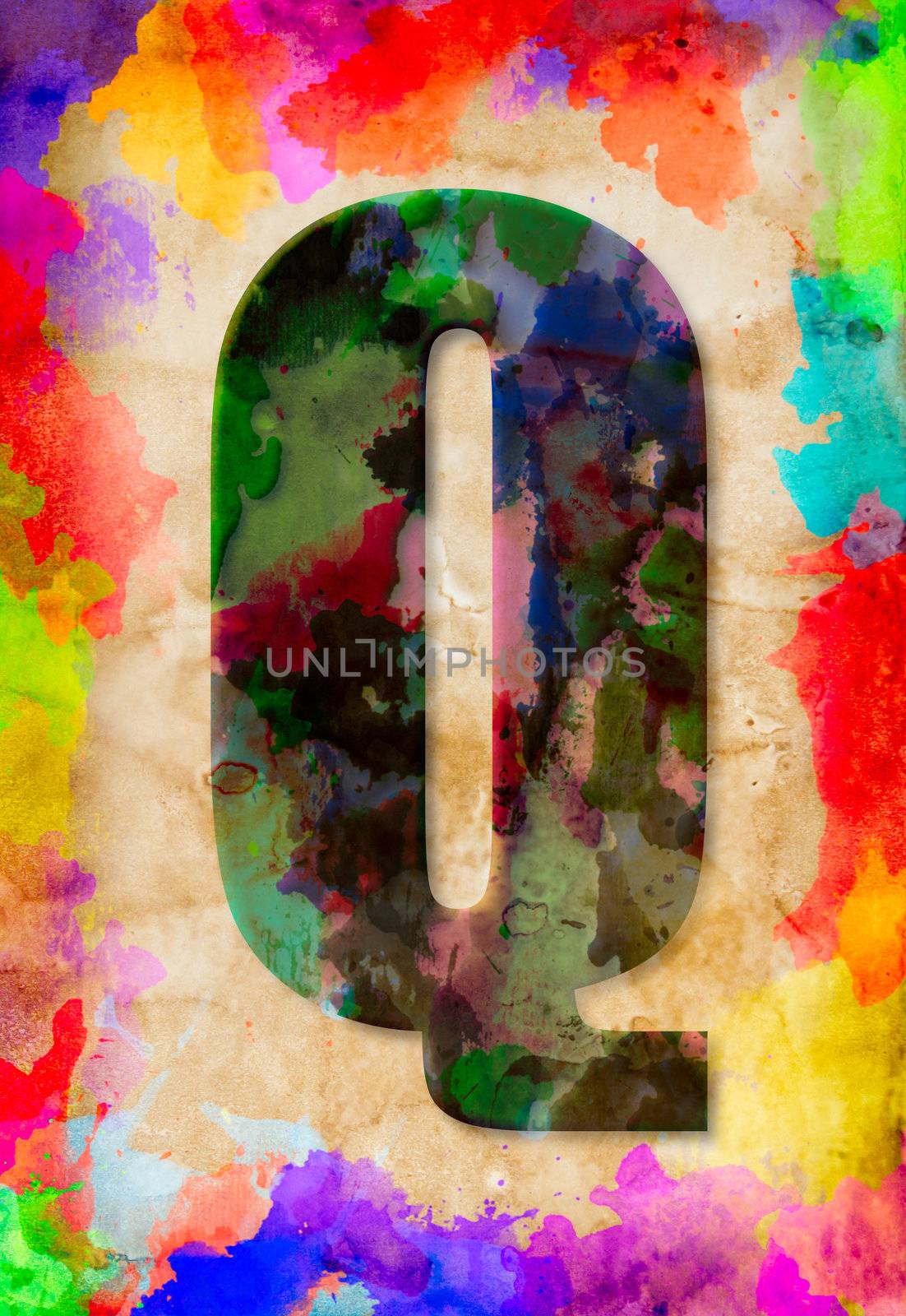 Letter Q watercolor on vintage paper by tungphoto