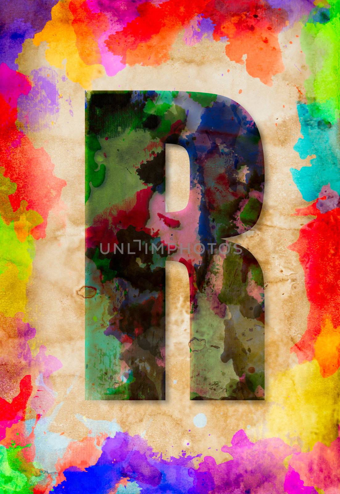 Letter R watercolor on vintage paper by tungphoto