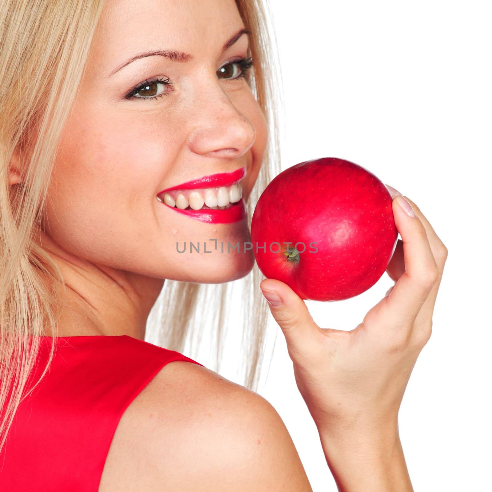 woman eat red apple on white