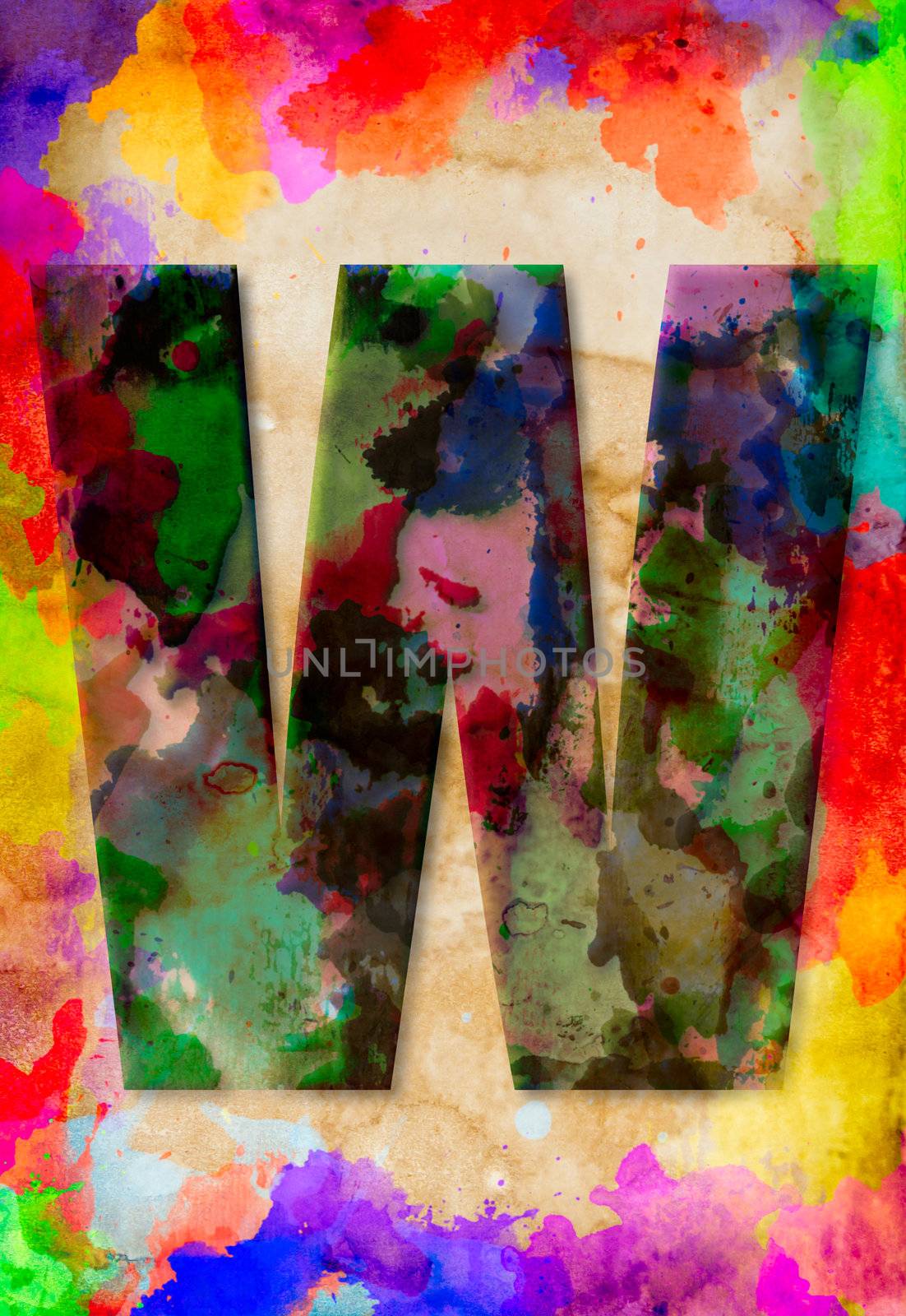 Letter W watercolor on vintage paper by tungphoto