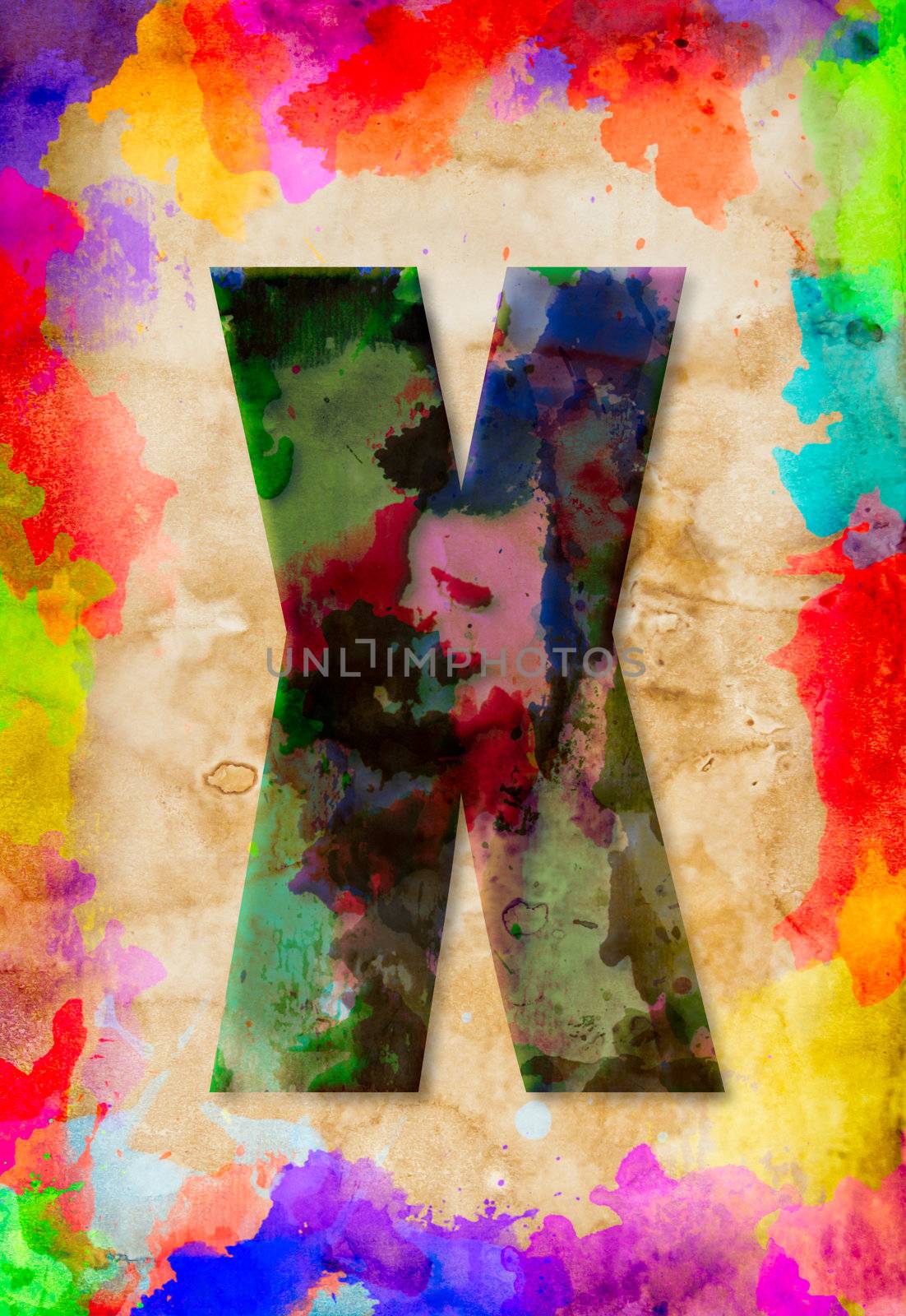 Letter X watercolor on vintage paper by tungphoto