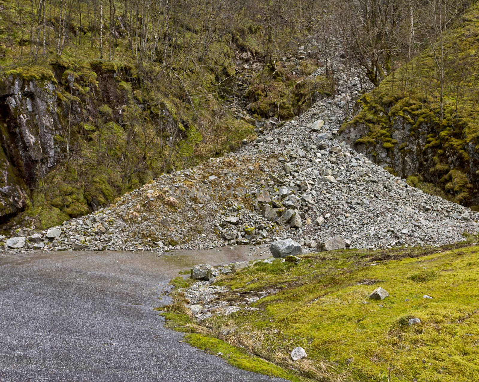 unused, run-down road in rural landscape with landslide- norway