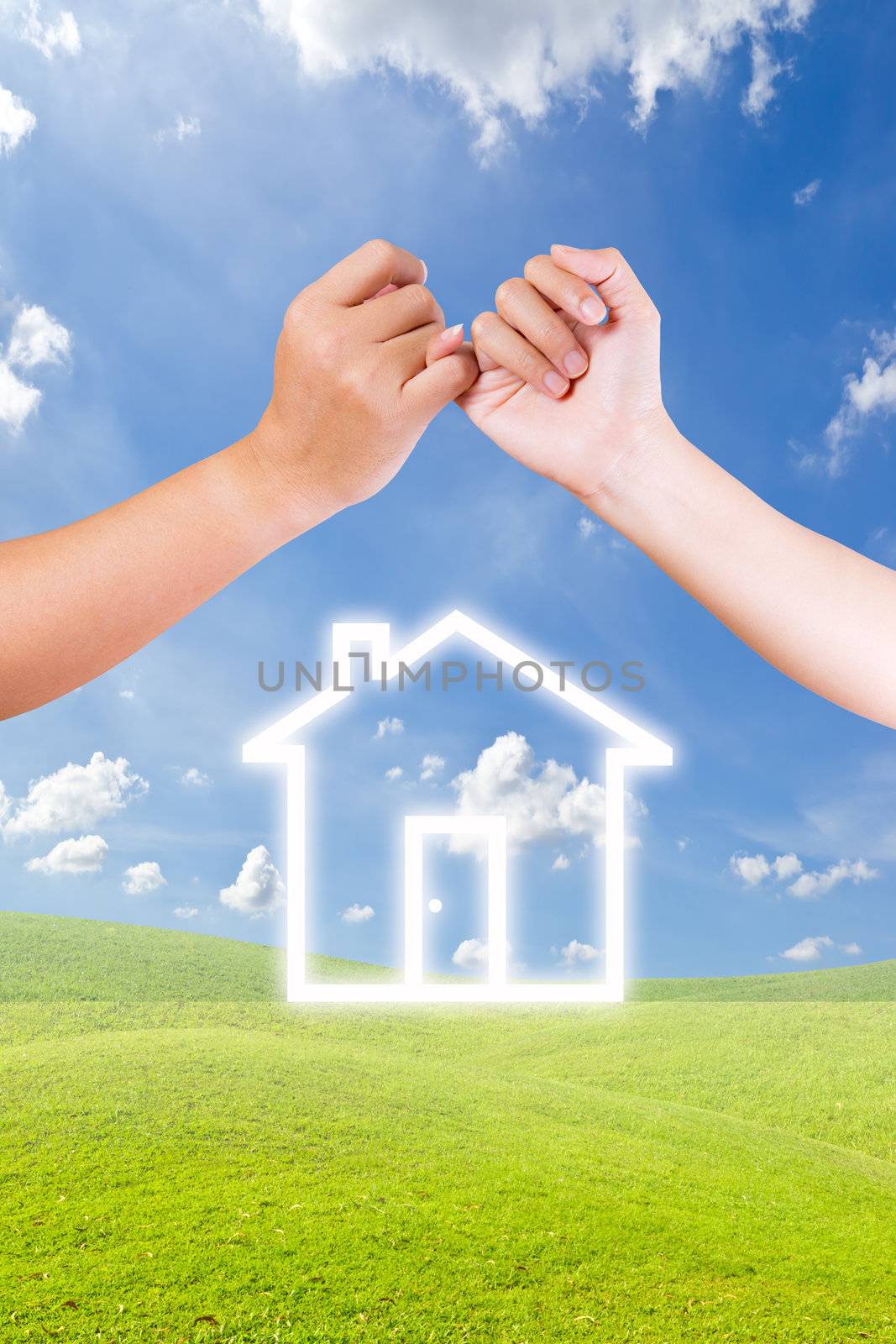 hand linking finger and house icon by tungphoto