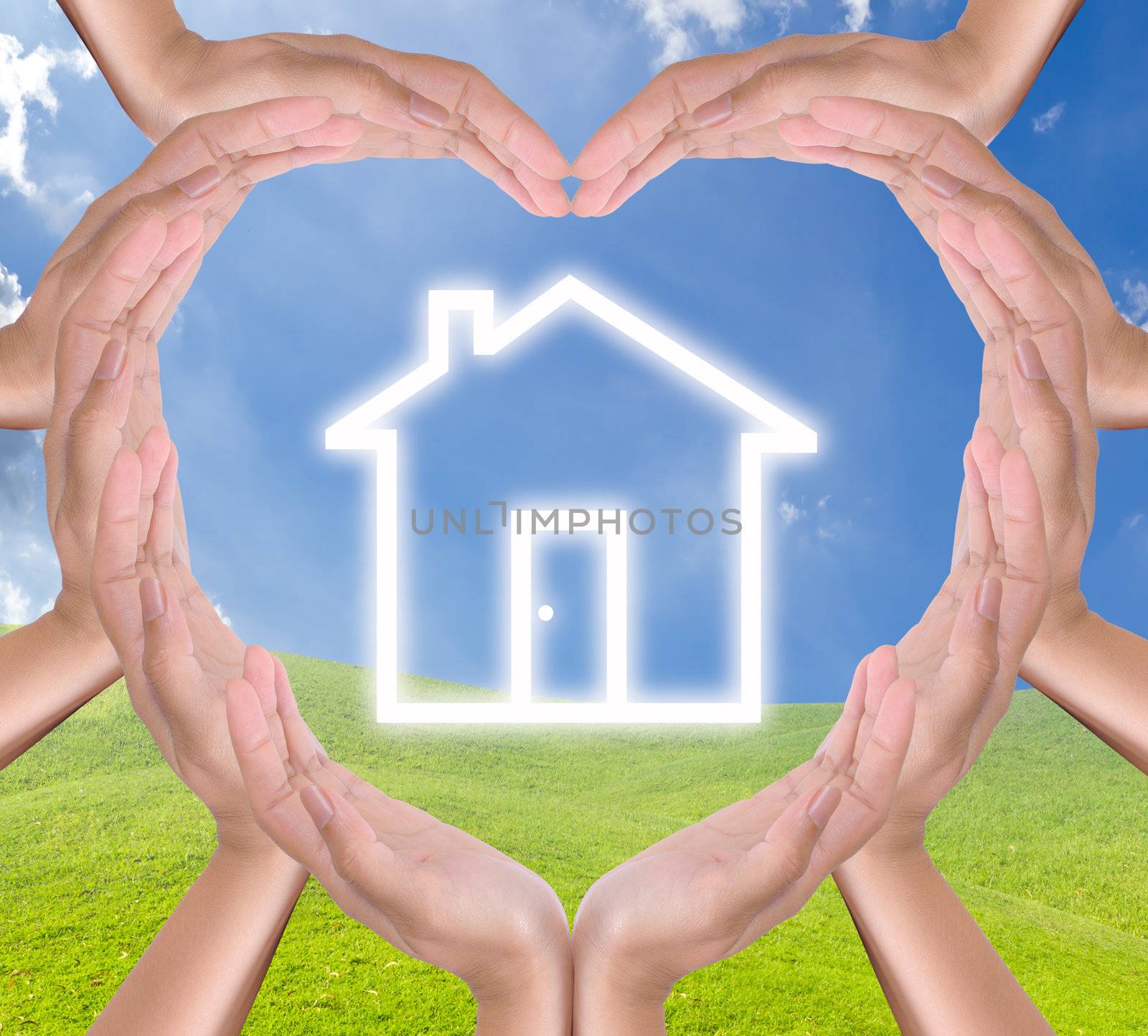 house icon in hands heart