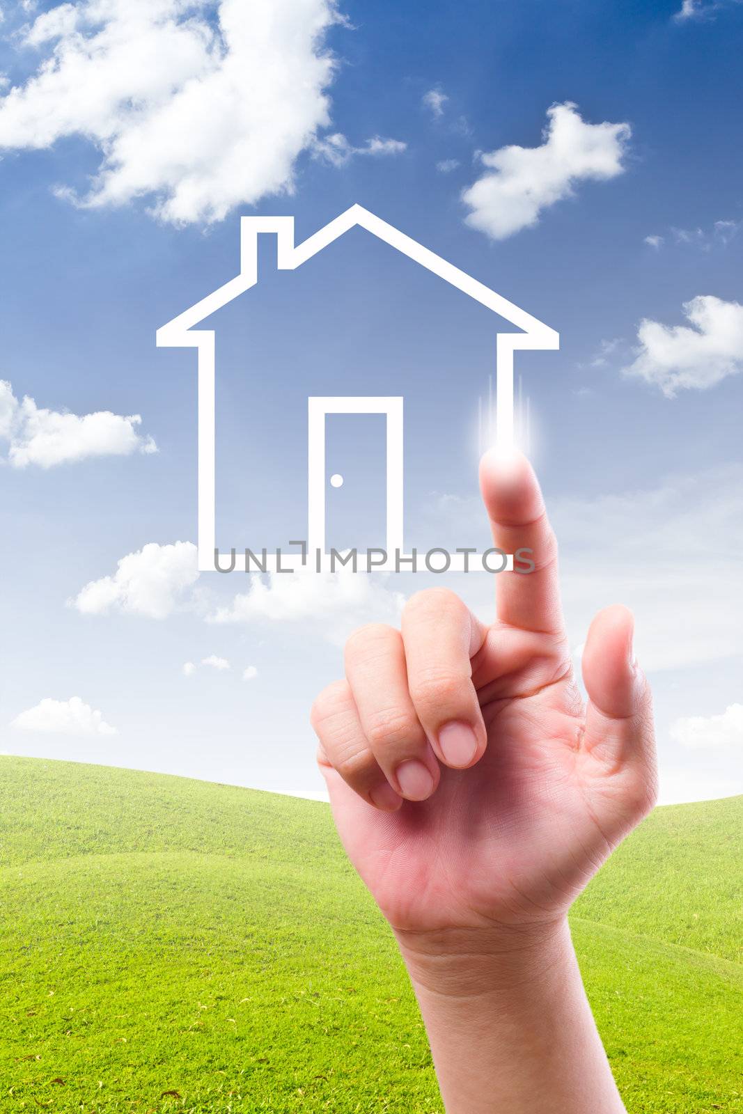 hand drawing house on blue sky by tungphoto