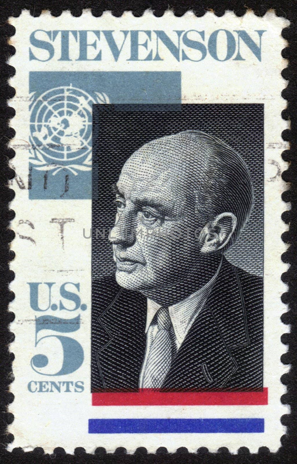 UNITED STATES OF AMERICA - CIRCA 1965: a stamp printed in the USA shows Adlai E. Stevenson II, Governor of Illinois, 5th US Ambassador to the UN, 1961-65, circa 1965