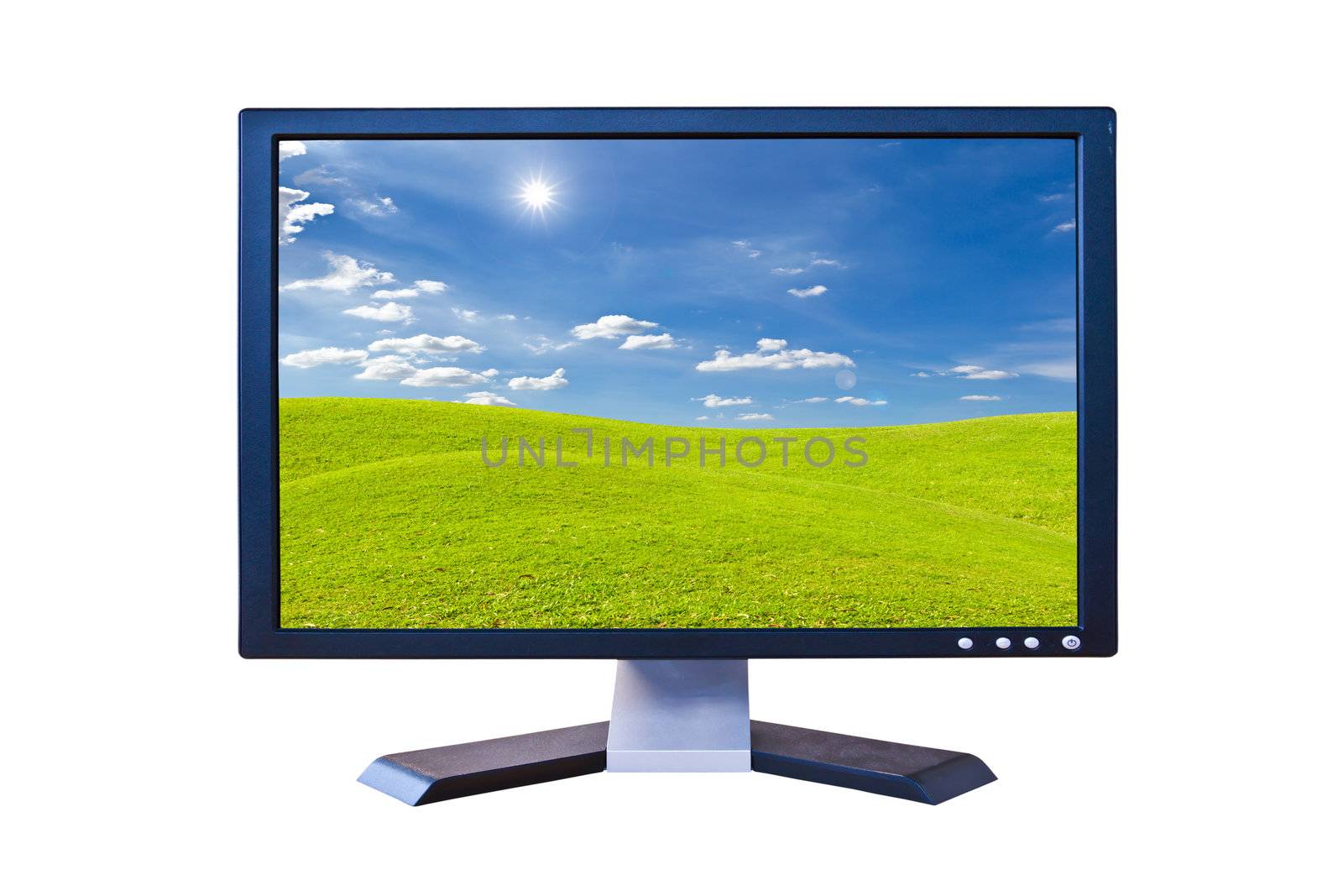 LCD Monitor with green grass meadow by tungphoto