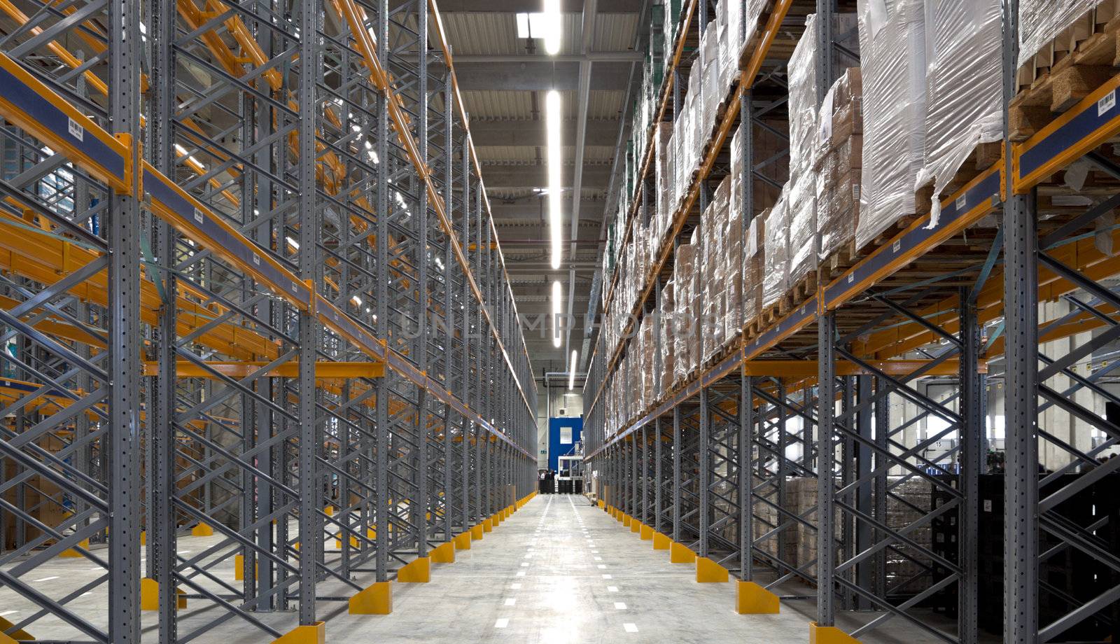 Wide angle view of large industrial warehouse