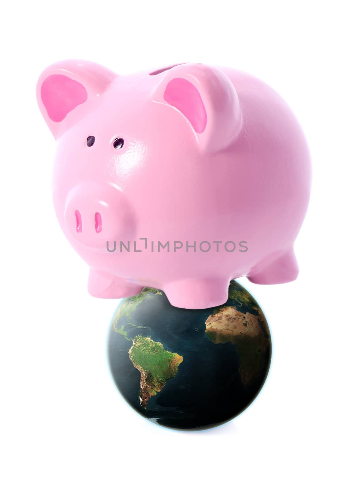 World banking concept, piggy bank on a globe isolated on white