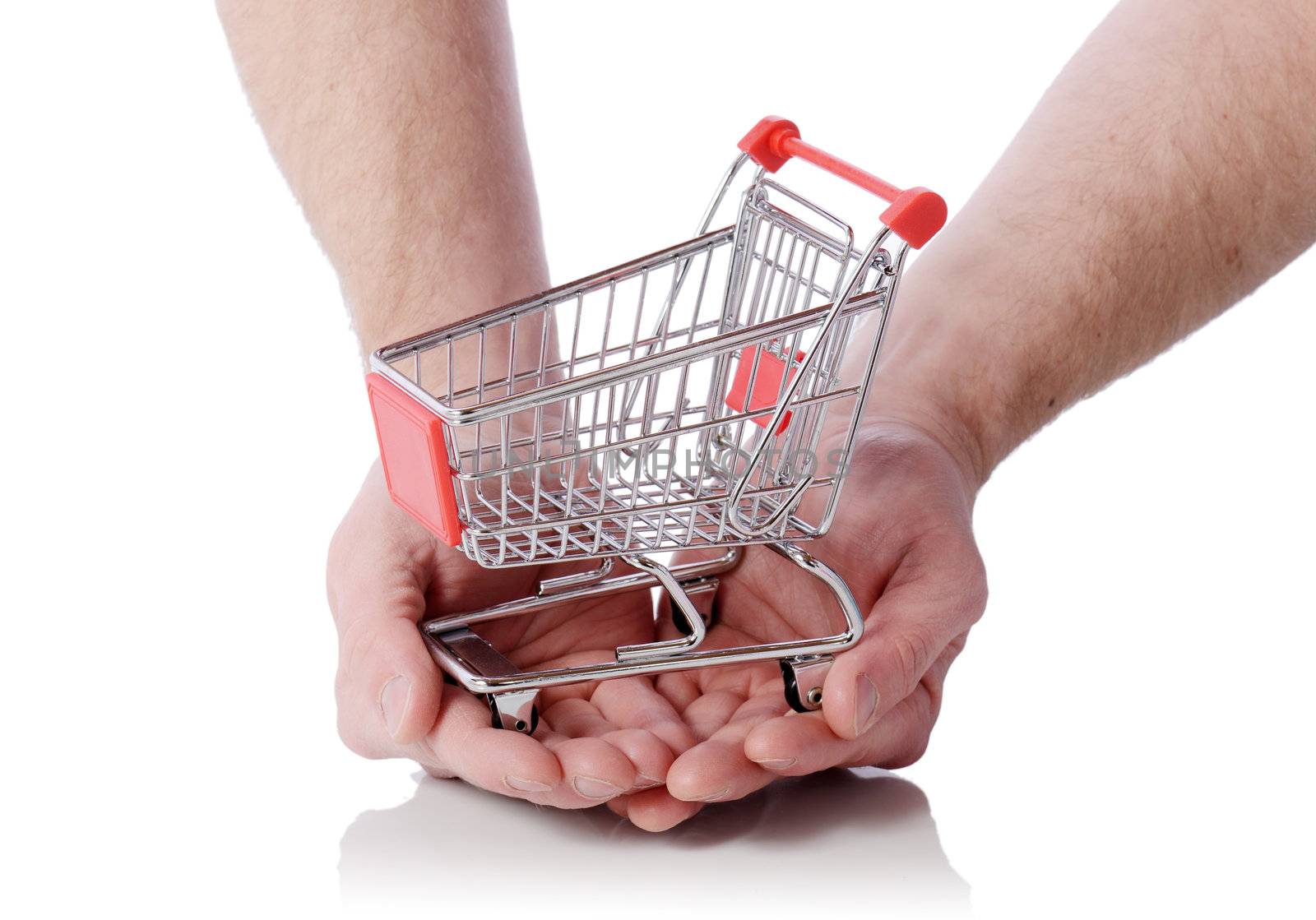 Hand holding shopping cart trolly isolated on white, concept of shopping at your finger tips