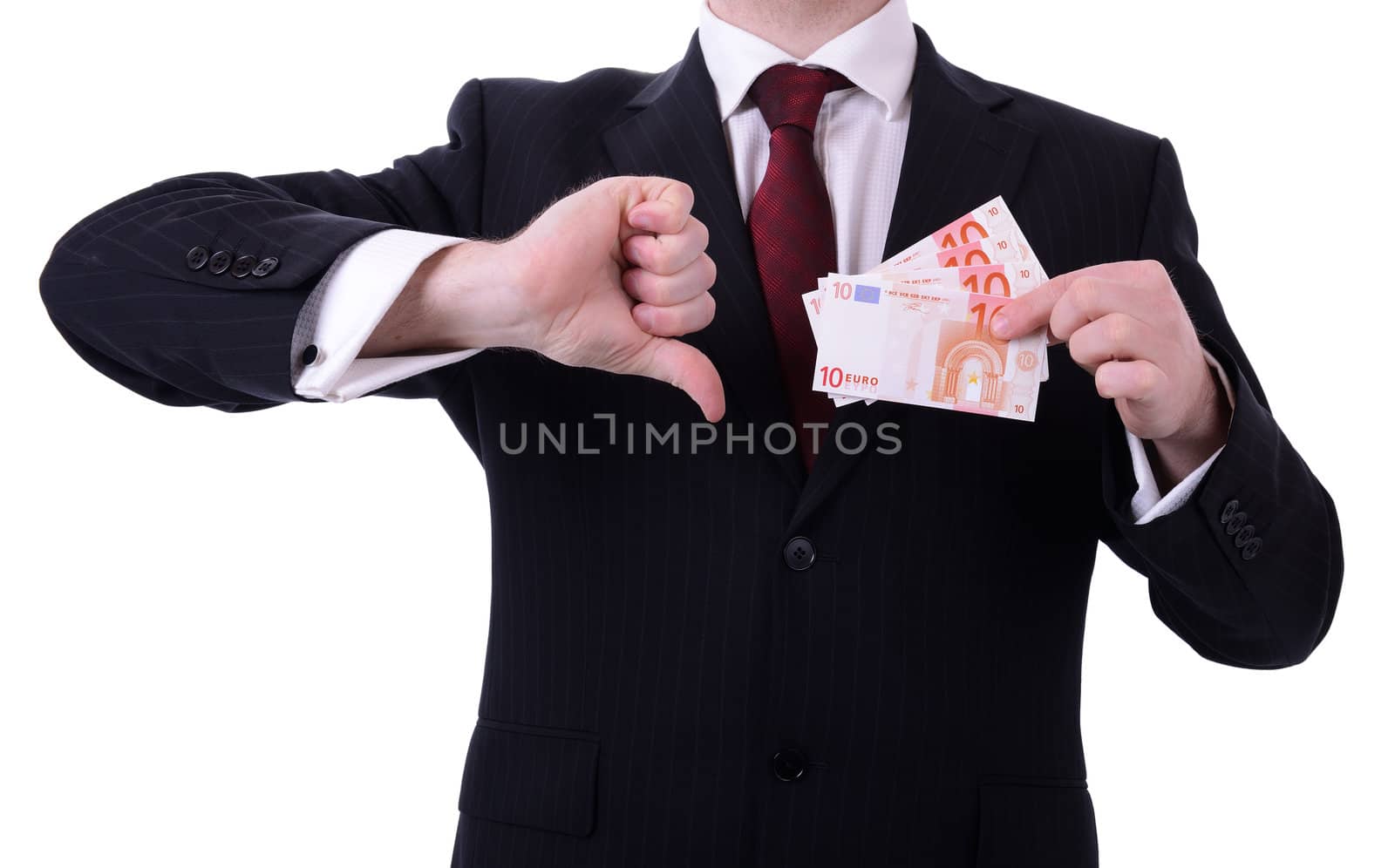 businessman holding euros gesturing thumbs down isolated on white